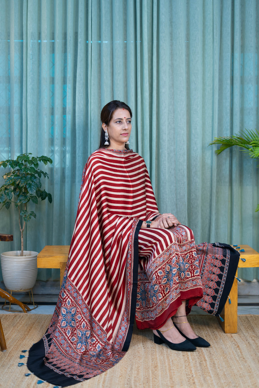 Premium Ajrakh Print Suit Set with Dupatta – Red & Ivory