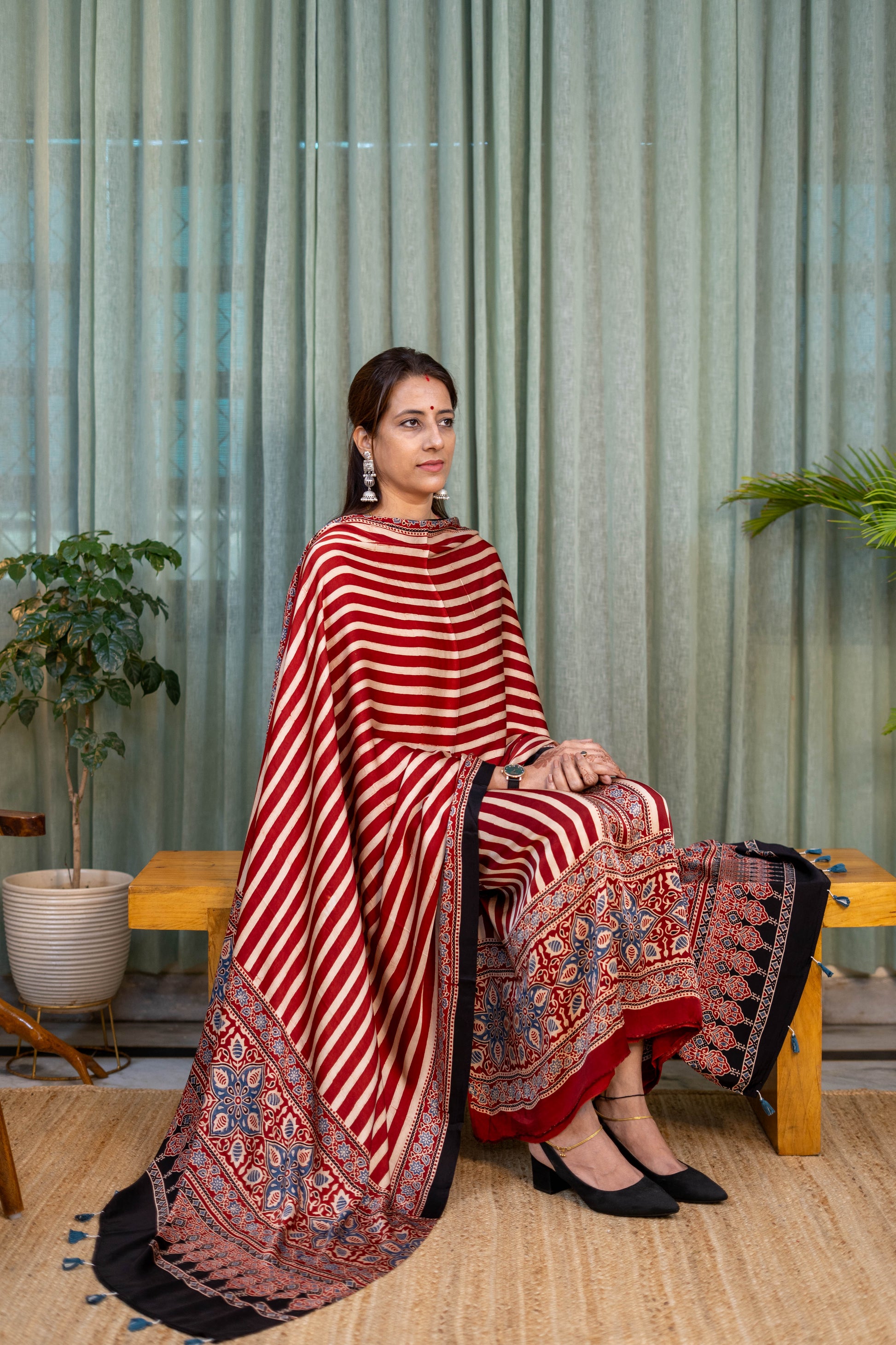 Heritage Pitara Red & Beige Striped Modal Suit with Ajrakh Inspired Dupatta