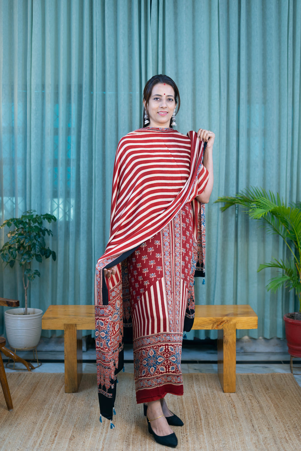 Premium Ajrakh Print Suit Set with Dupatta – Red & Ivory