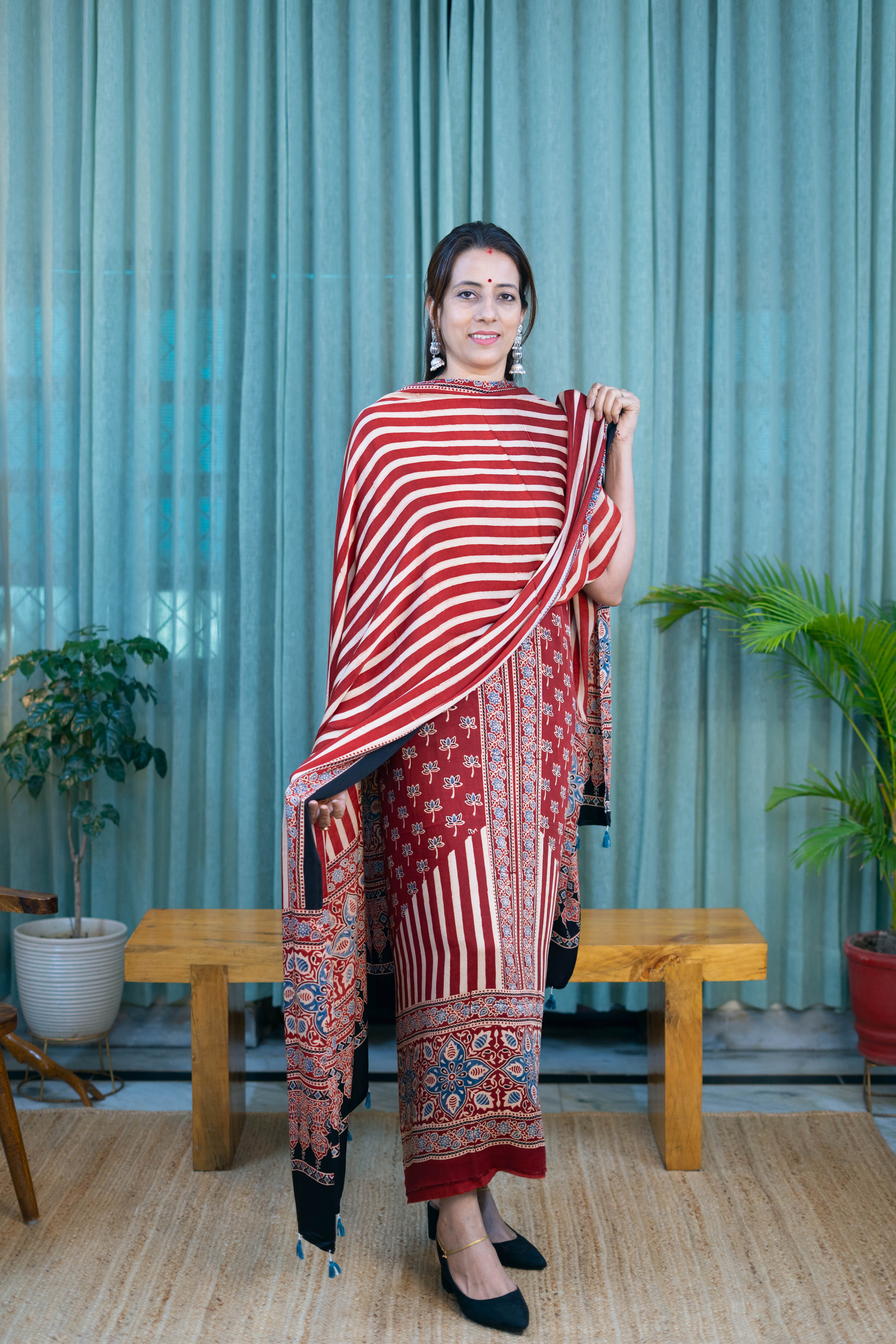 Premium Ajrakh Print Suit Set with Dupatta – Red & Ivory