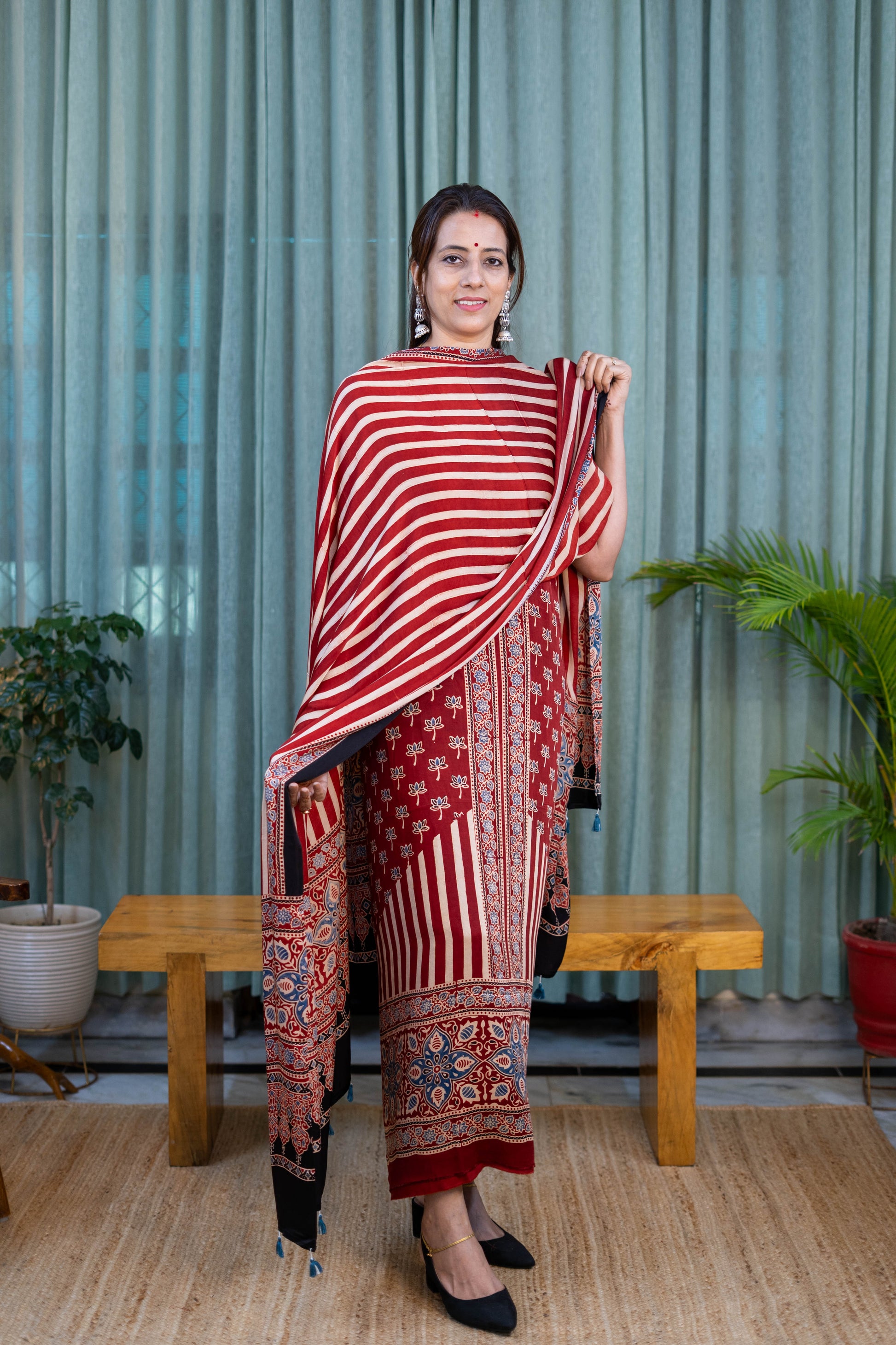 Heritage Pitara Red & Beige Striped Modal Suit with Ajrakh Inspired Dupatta