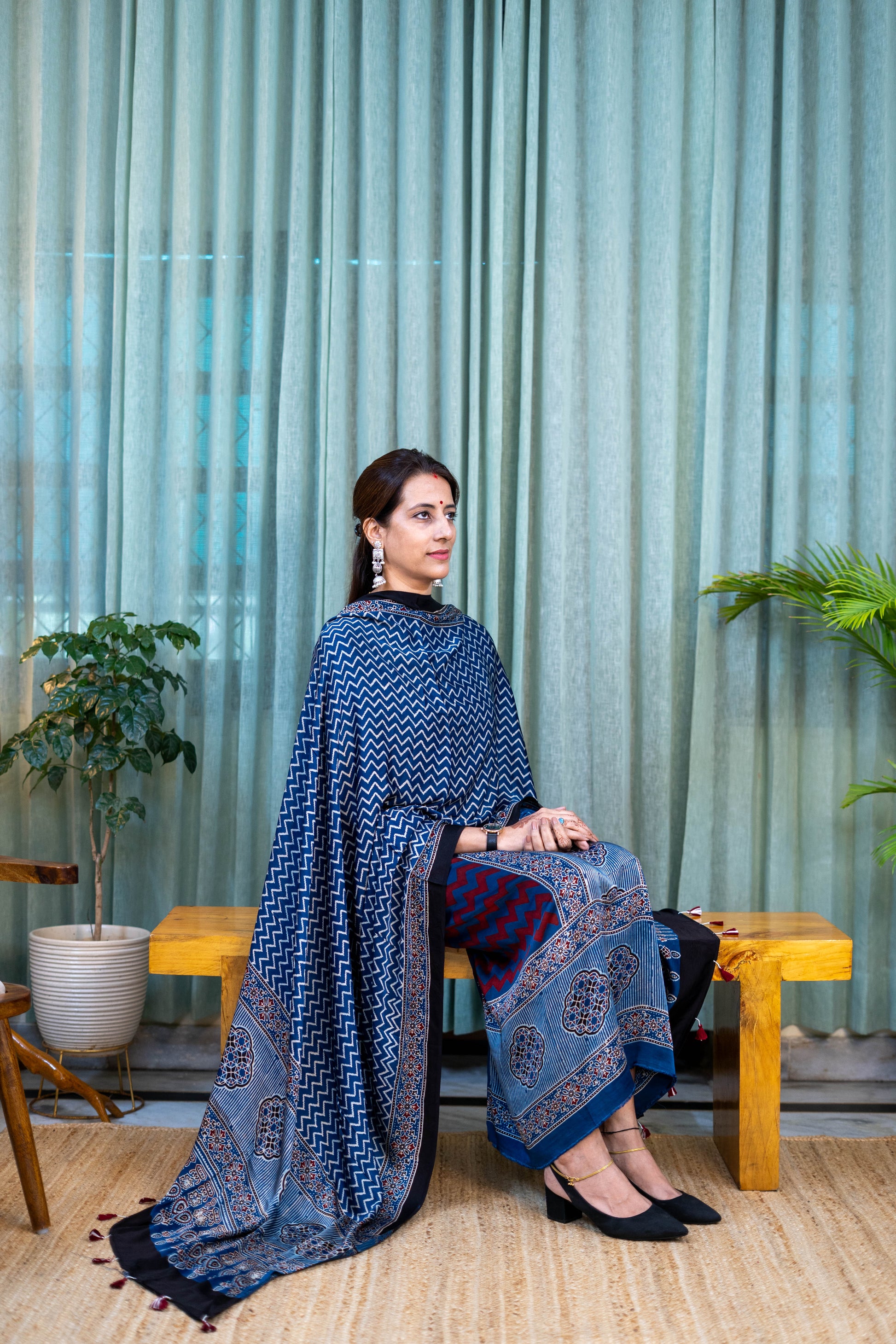 Heritage Pitara Indigo Blue Chevron Modal Suit with Printed Dupatta