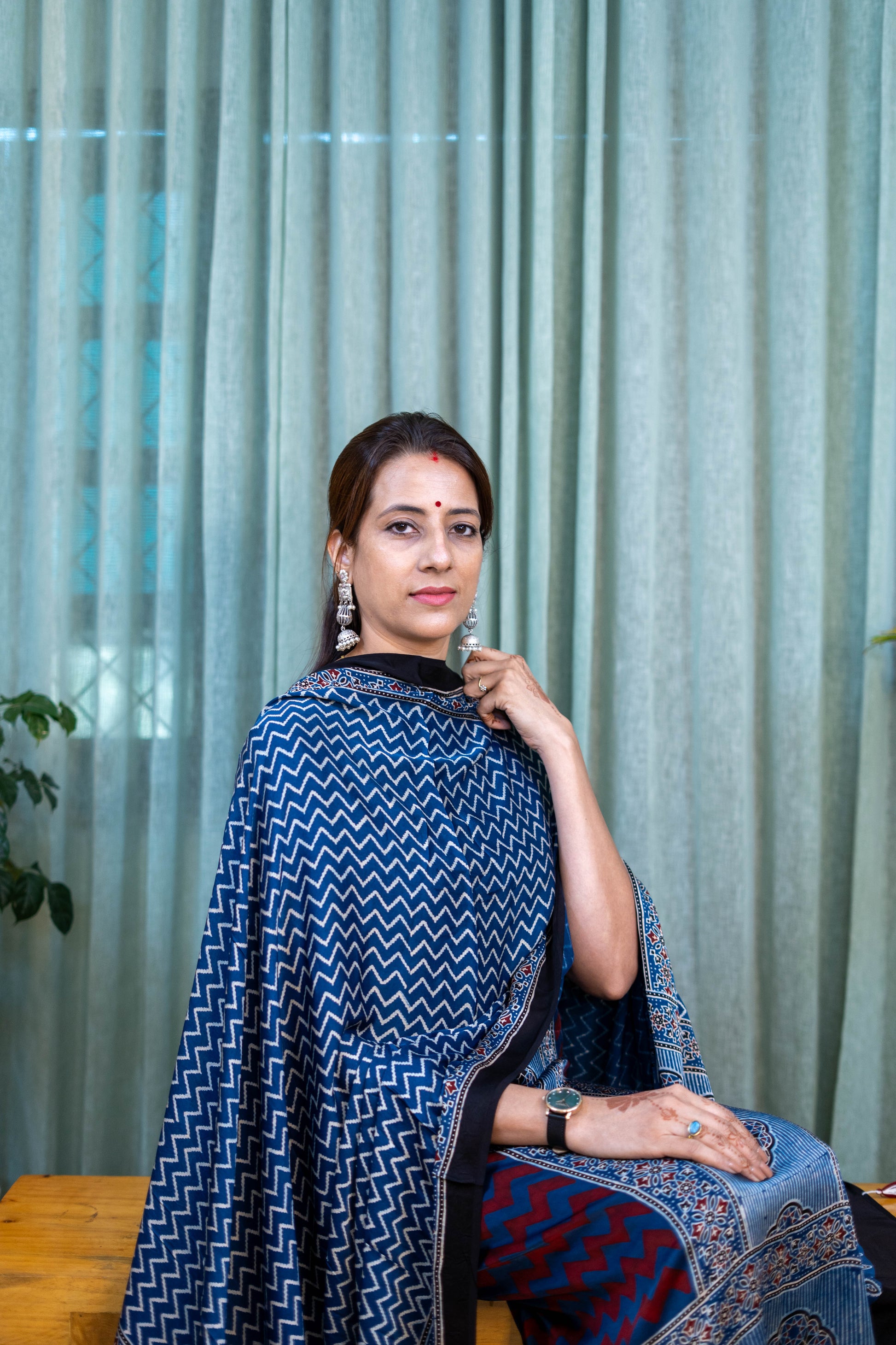 Heritage Pitara Indigo Blue Chevron Modal Suit with Printed Dupatta