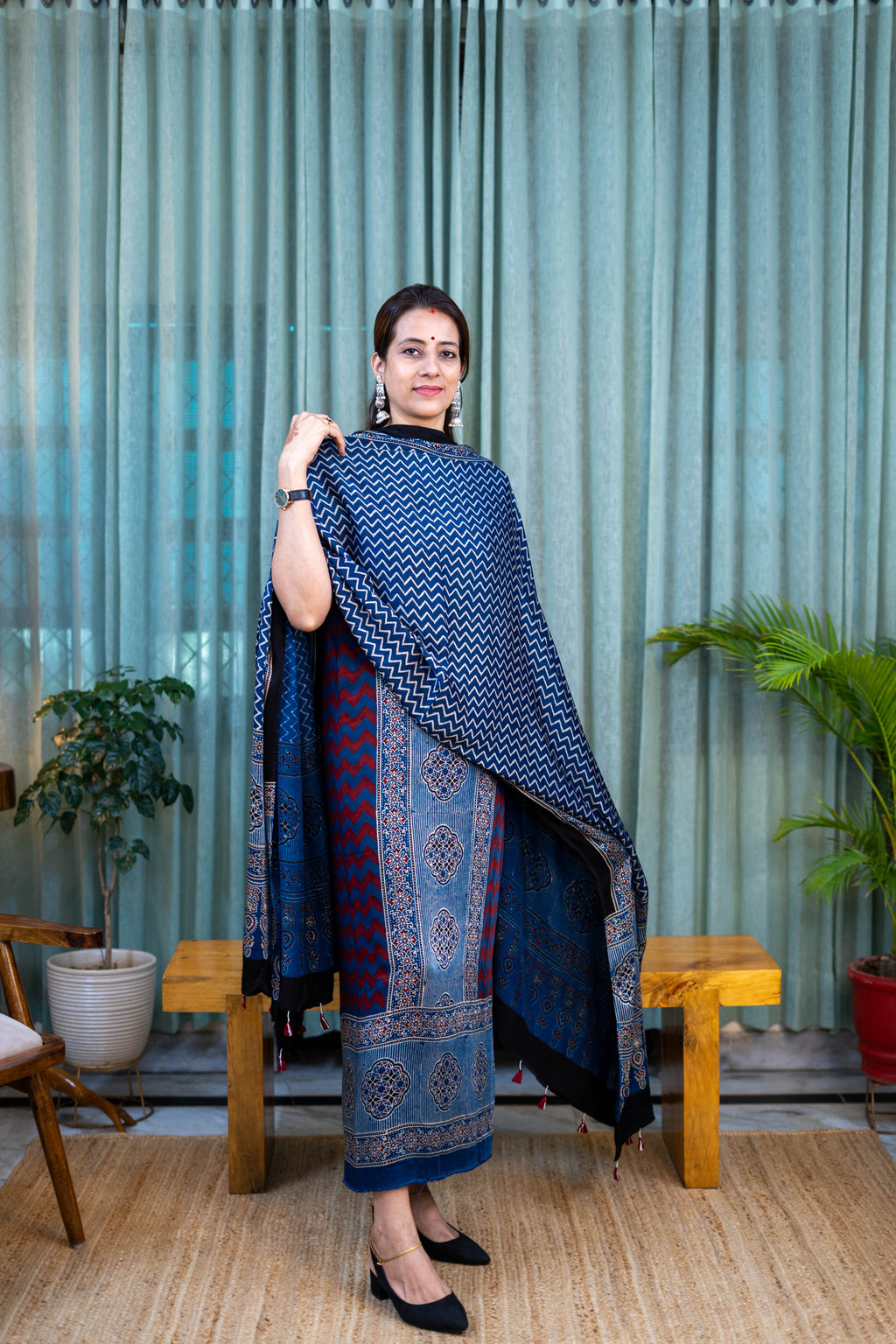 Heritage Pitara Indigo Blue Chevron Modal Suit with Printed Dupatta