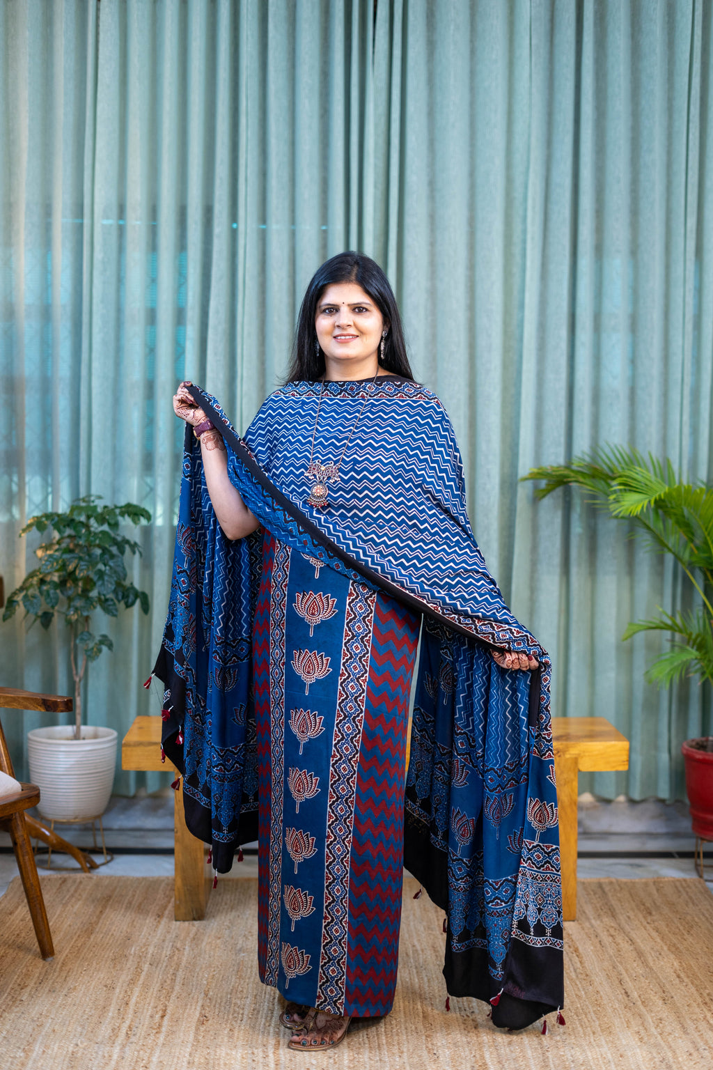 Heritage Pitara Indigo Blue Chevron Modal Suit with Lotus Motif Dupatta