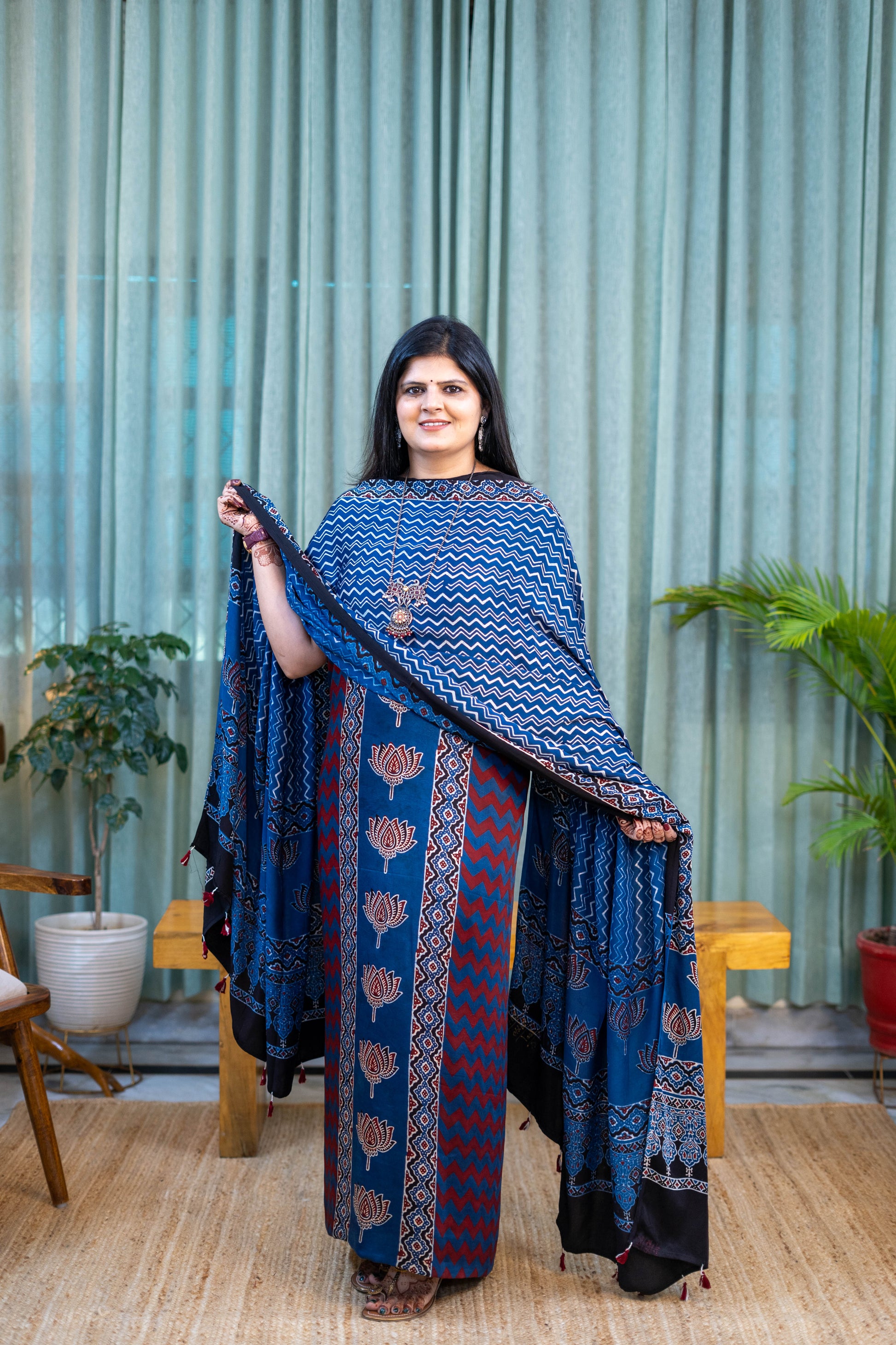 Heritage Pitara Indigo Blue Chevron Modal Suit with Lotus Motif Dupatta