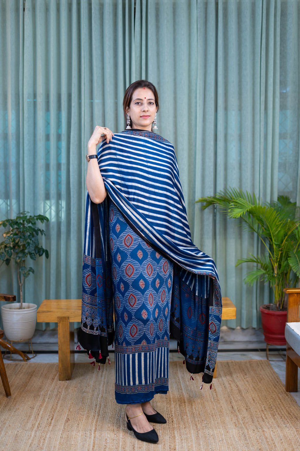 Heritage Pitara Indigo Blue Striped Modal Suit with Traditional Motif Dupatta