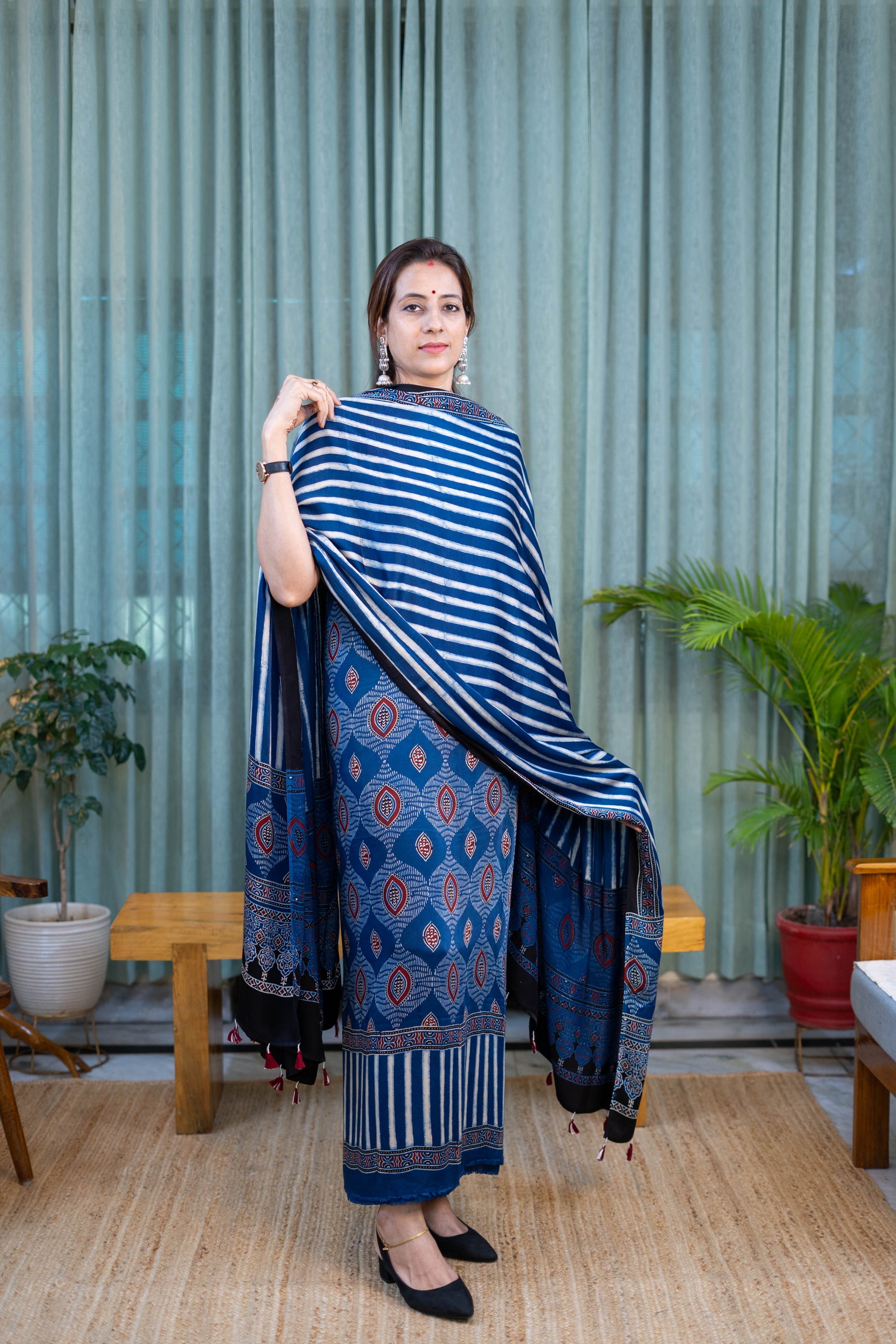 Heritage Pitara Indigo Blue Striped Modal Suit with Traditional Motif Dupatta