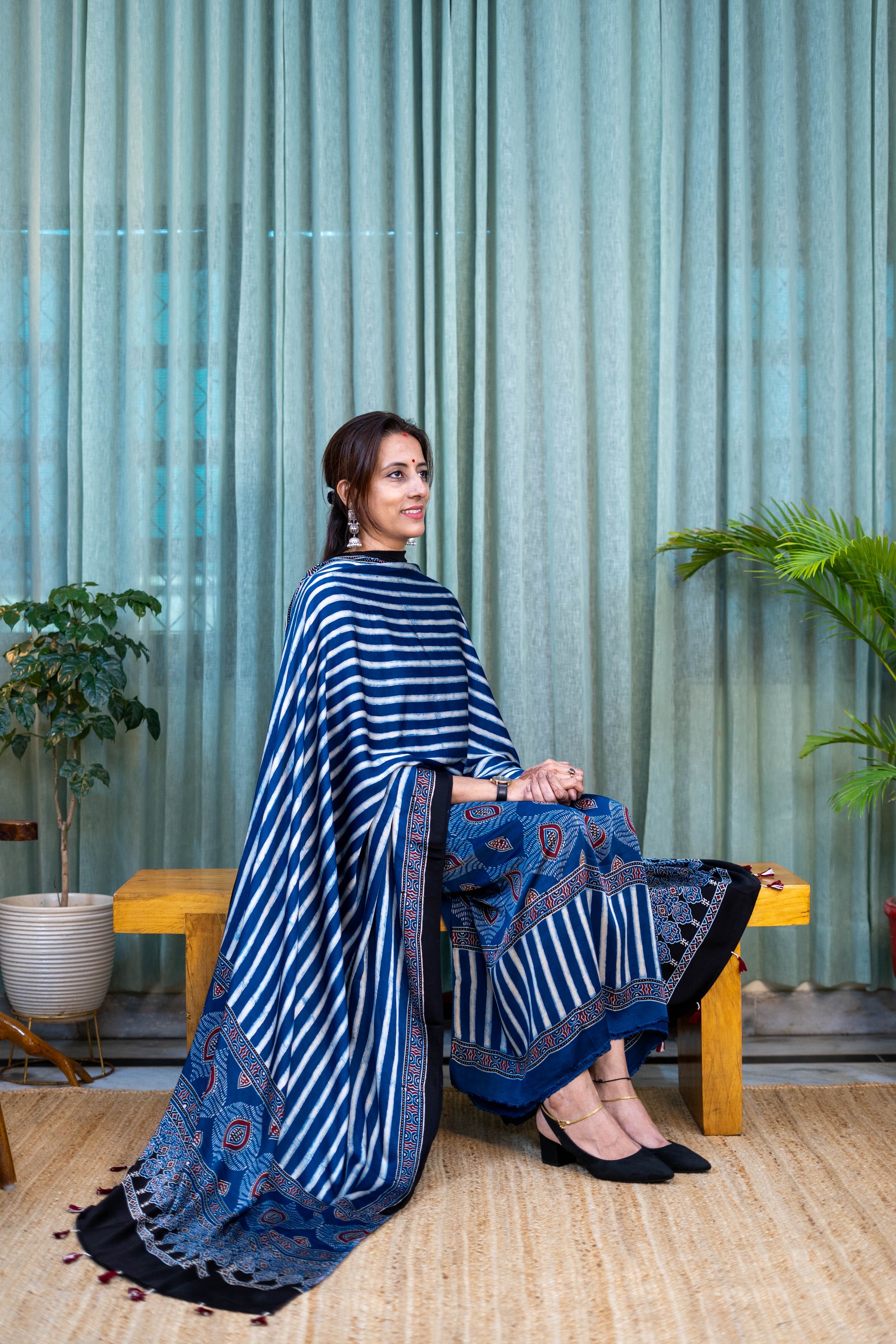 Heritage Pitara Indigo Blue Striped Modal Suit with Traditional Motif Dupatta