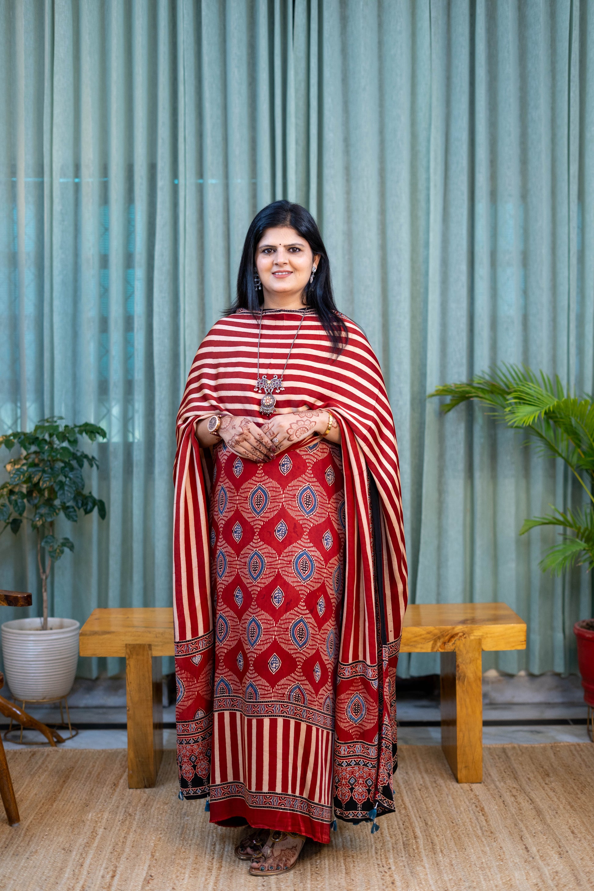 Heritage Pitara Crimson Red Striped Modal Suit with Ethnic Motif Dupatta