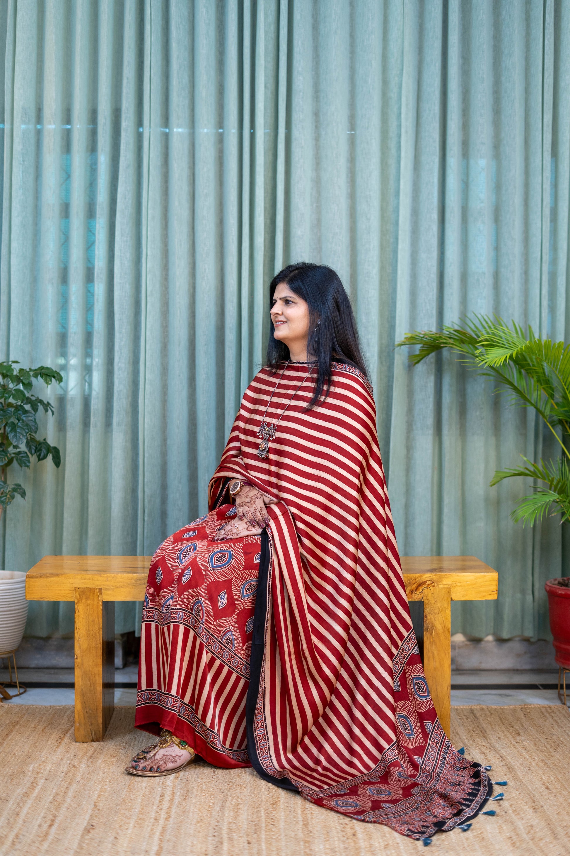 Heritage Pitara Crimson Red Striped Modal Suit with Ethnic Motif Dupatta