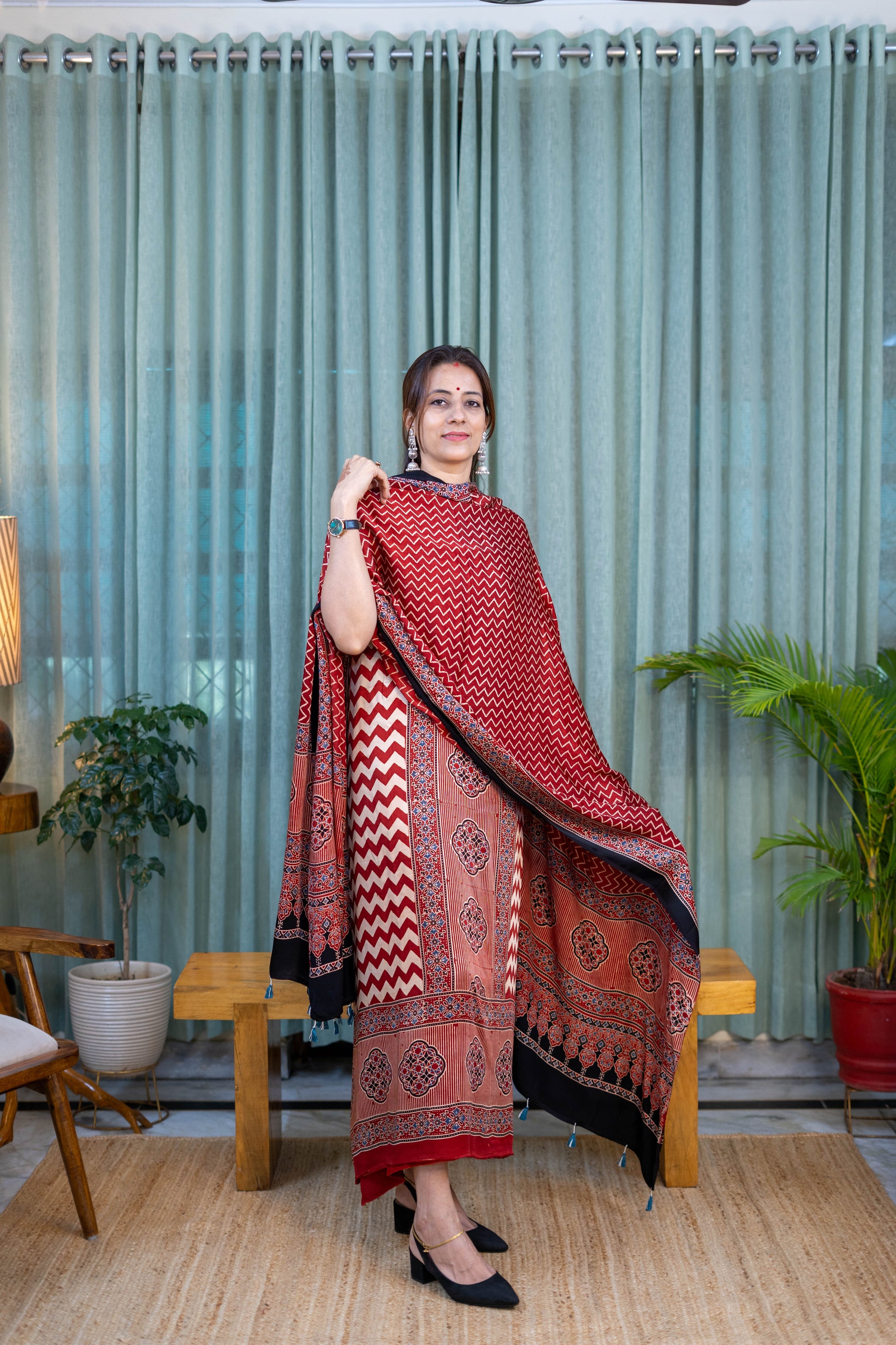 Heritage Pitara Red Chevron Modal Suit with Traditional Printed Dupatta