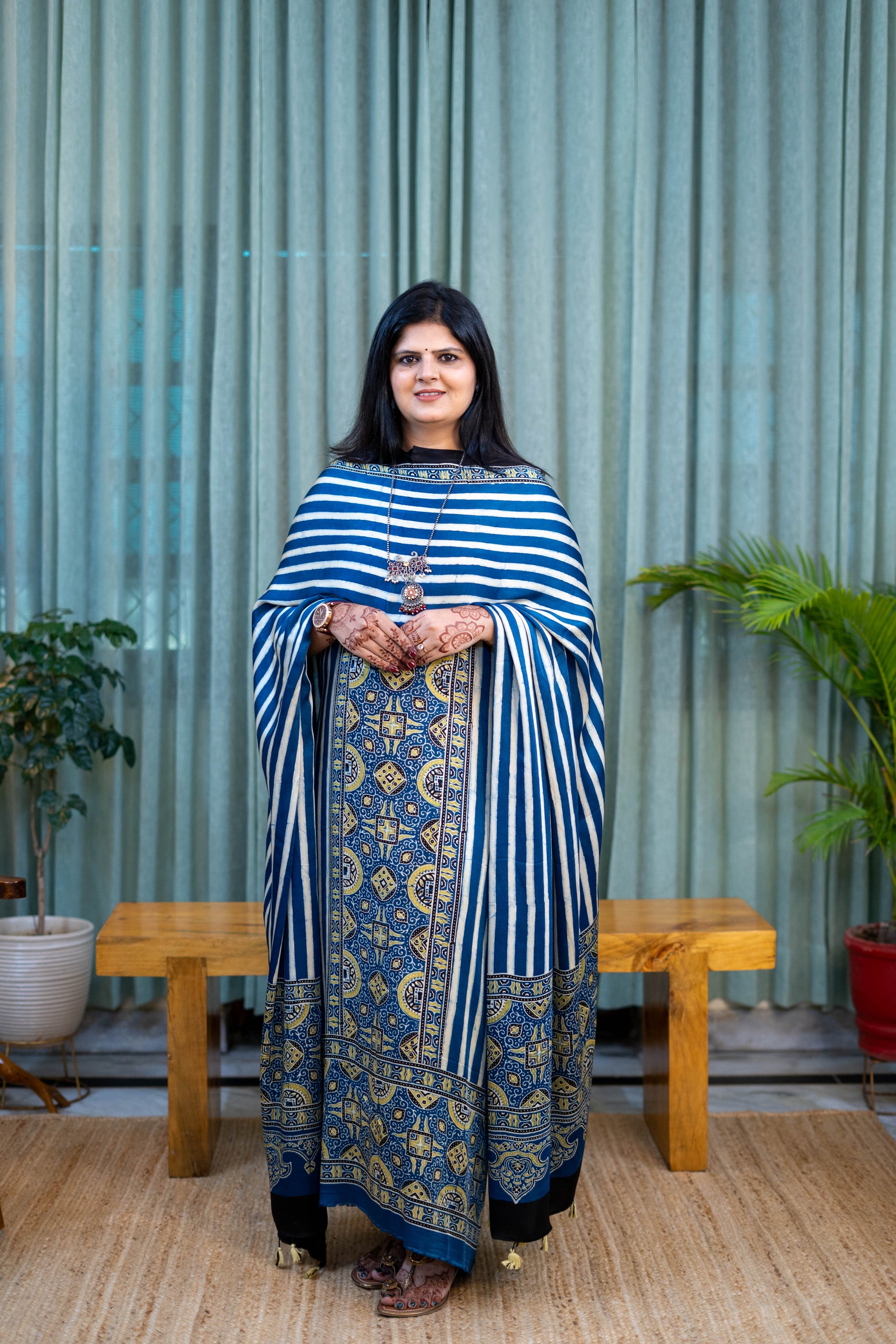 Heritage Pitara Indigo Blue Striped Modal Suit with Ajrakh Inspired Print Dupatta