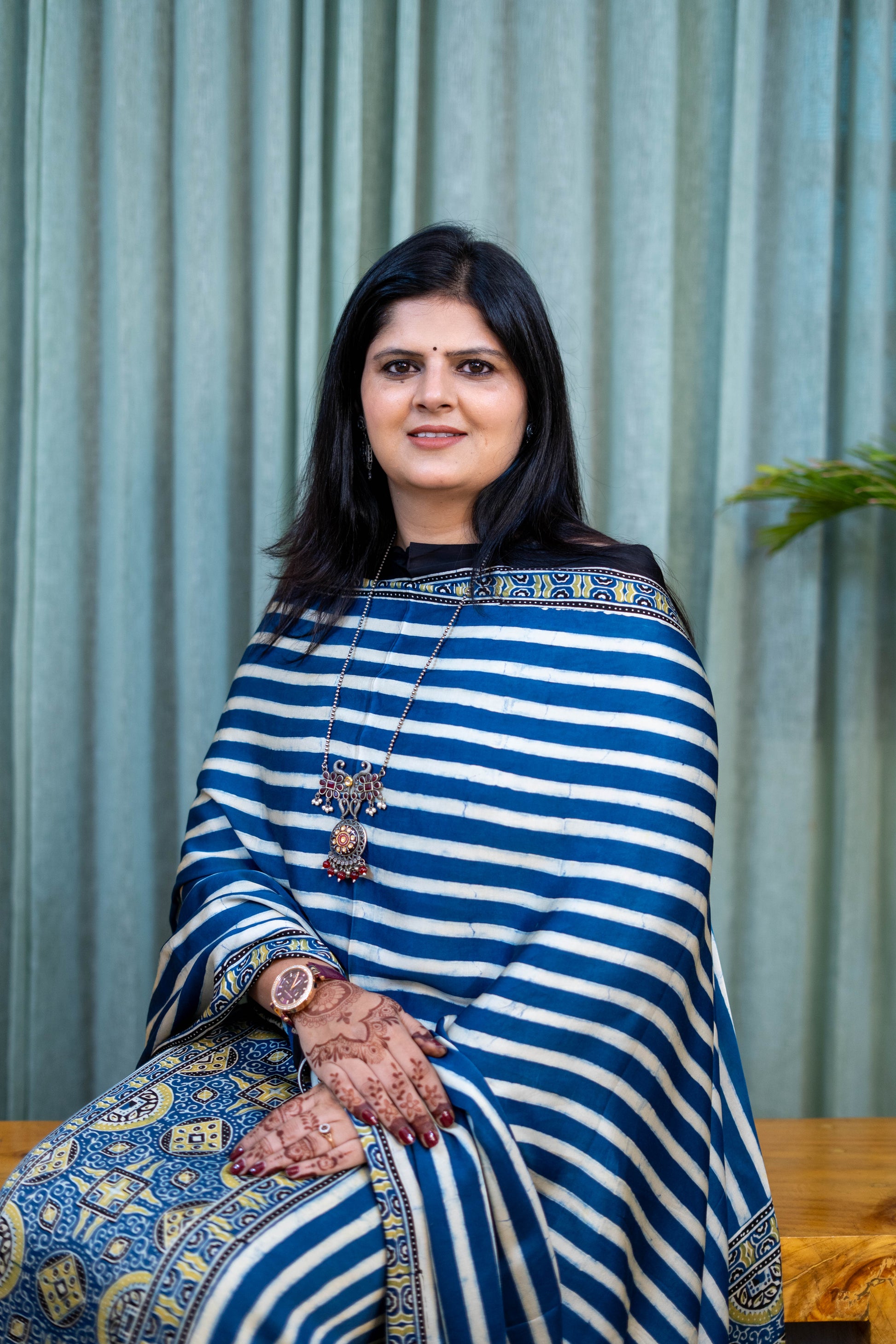 Heritage Pitara Indigo Blue Striped Modal Suit with Ajrakh Inspired Print Dupatta