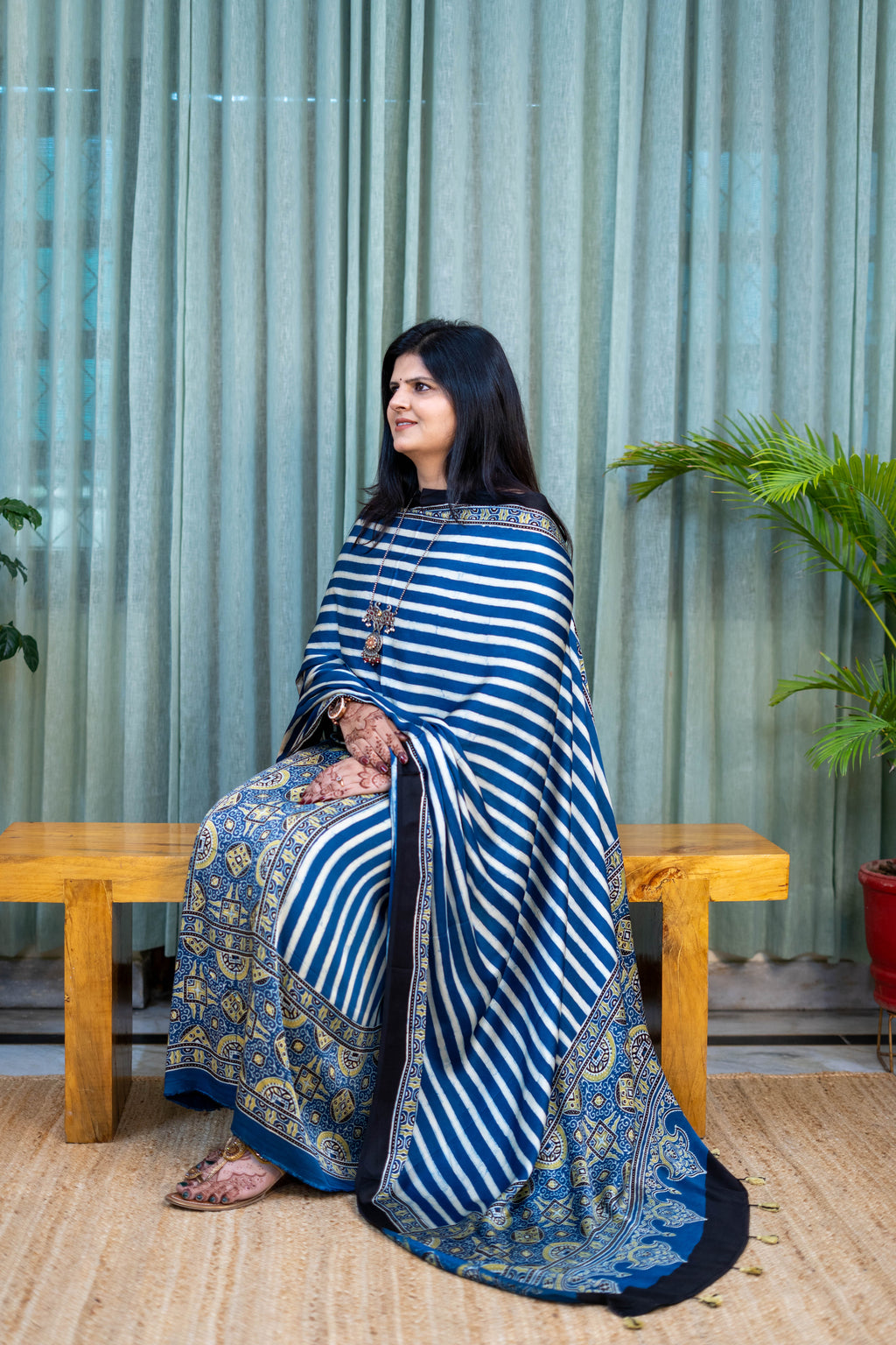 Heritage Pitara Indigo Blue Striped Modal Suit with Ajrakh Inspired Print Dupatta
