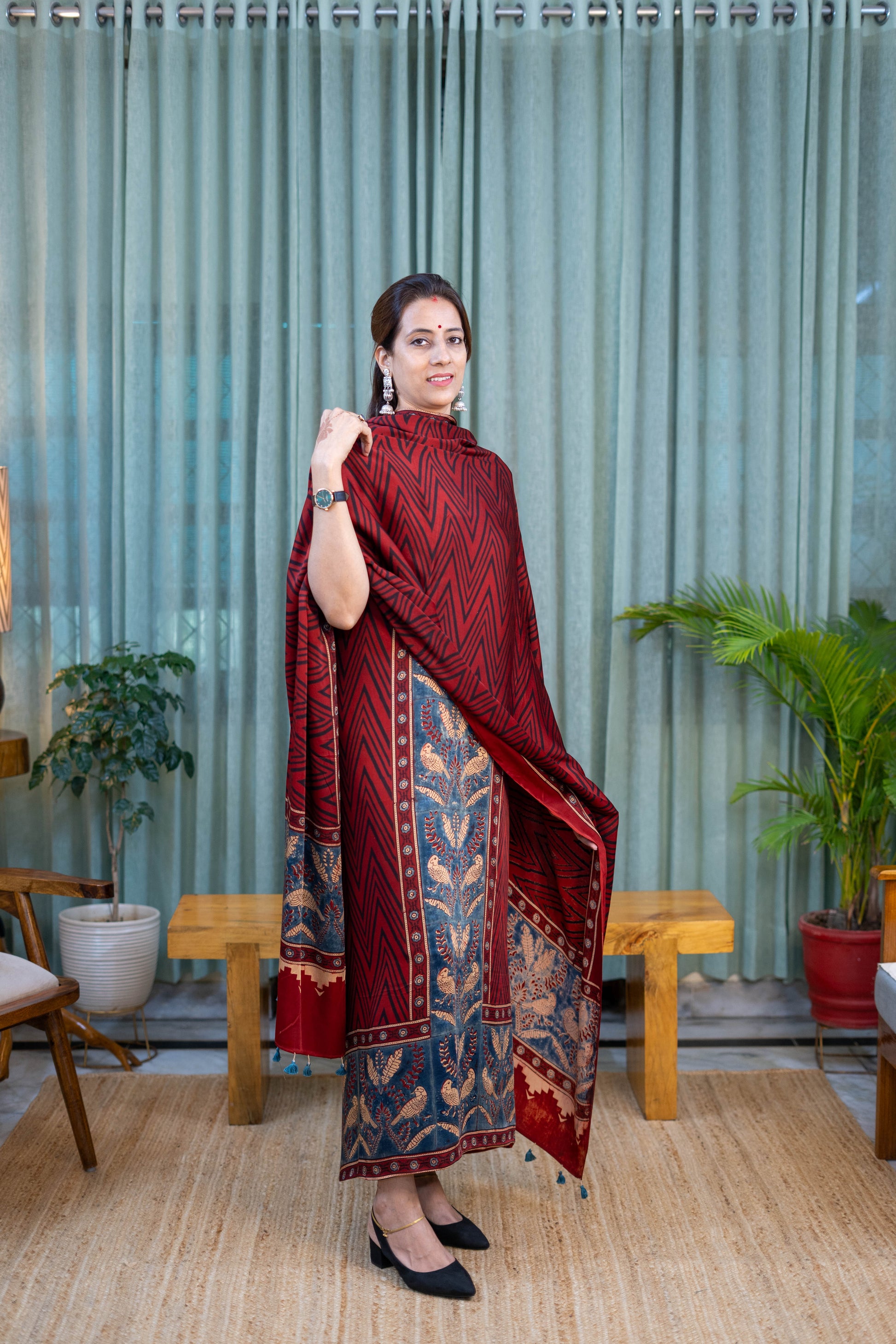 Heritage Pitara Maroon Chevron Modal Suit with Floral Printed Dupatta