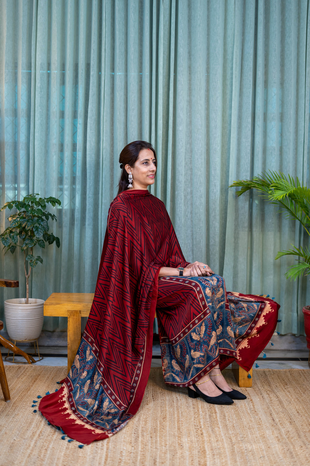 Heritage Pitara Maroon Chevron Modal Suit with Floral Printed Dupatta