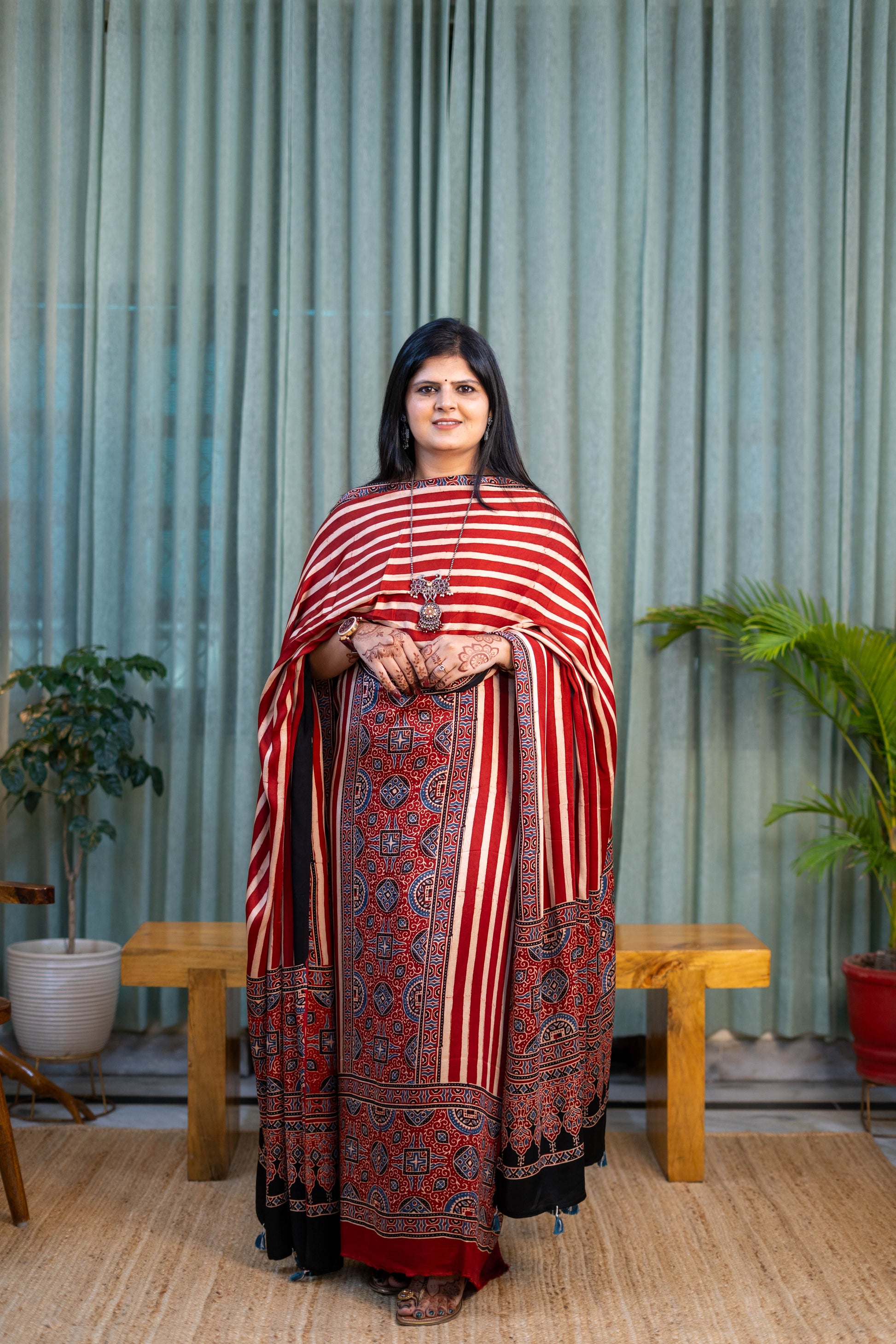Heritage Pitara Red Striped Modal Suit with Ajrakh Inspired Printed Dupatta