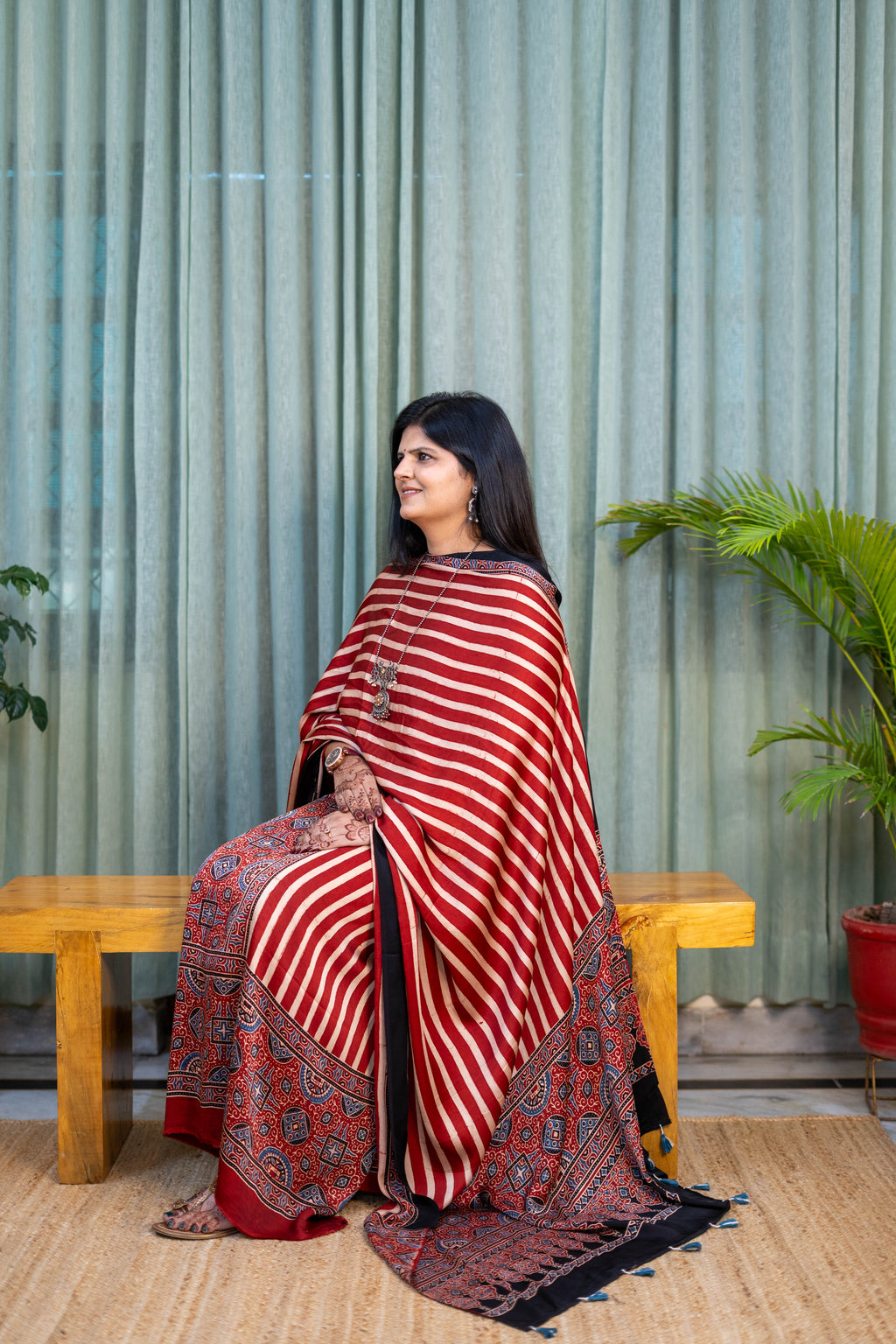 Heritage Pitara Red Striped Modal Suit with Ajrakh Inspired Printed Dupatta