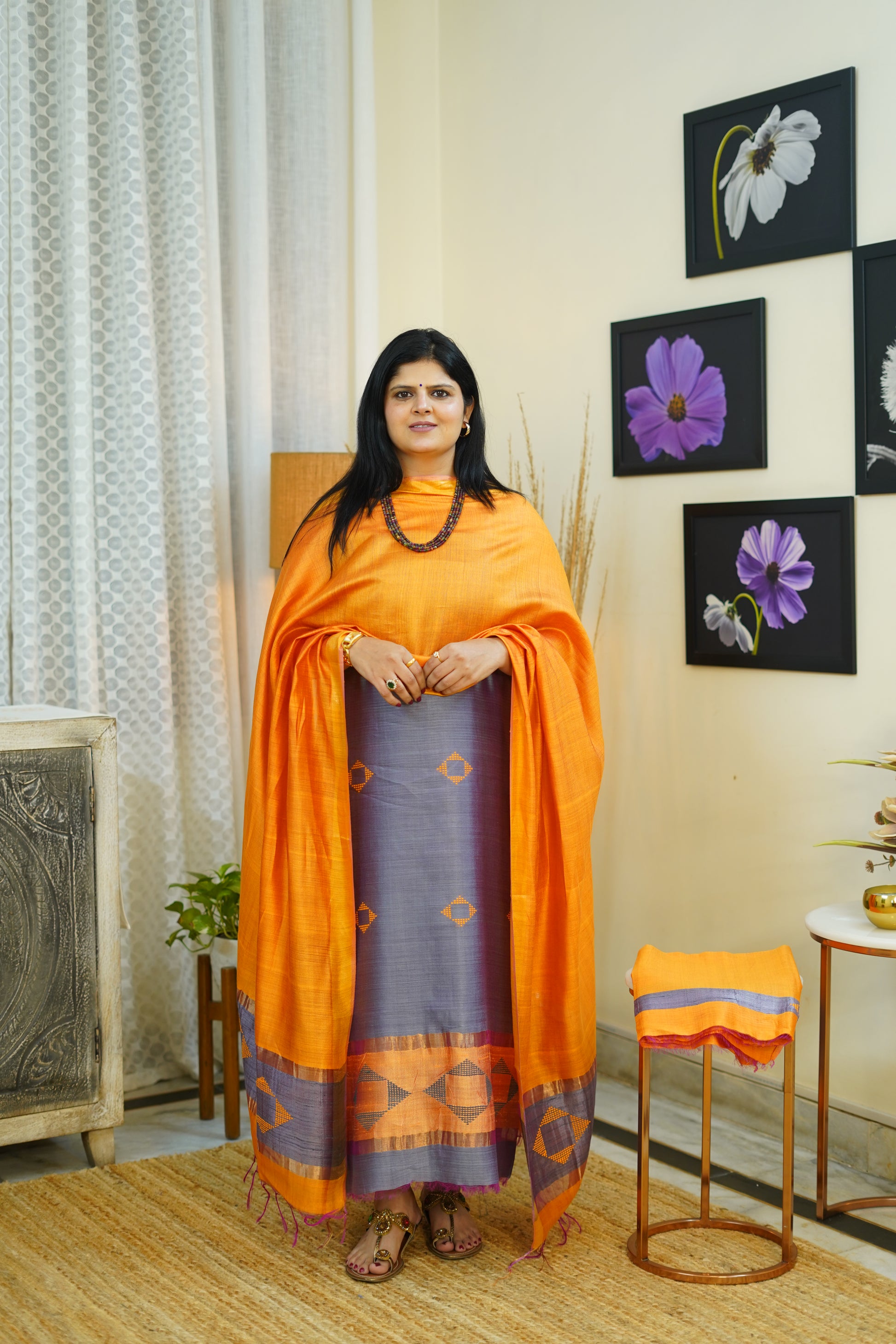 Ari Tussar Suit Set in Mustard Orange with Woven Motifs & Contrast Panel