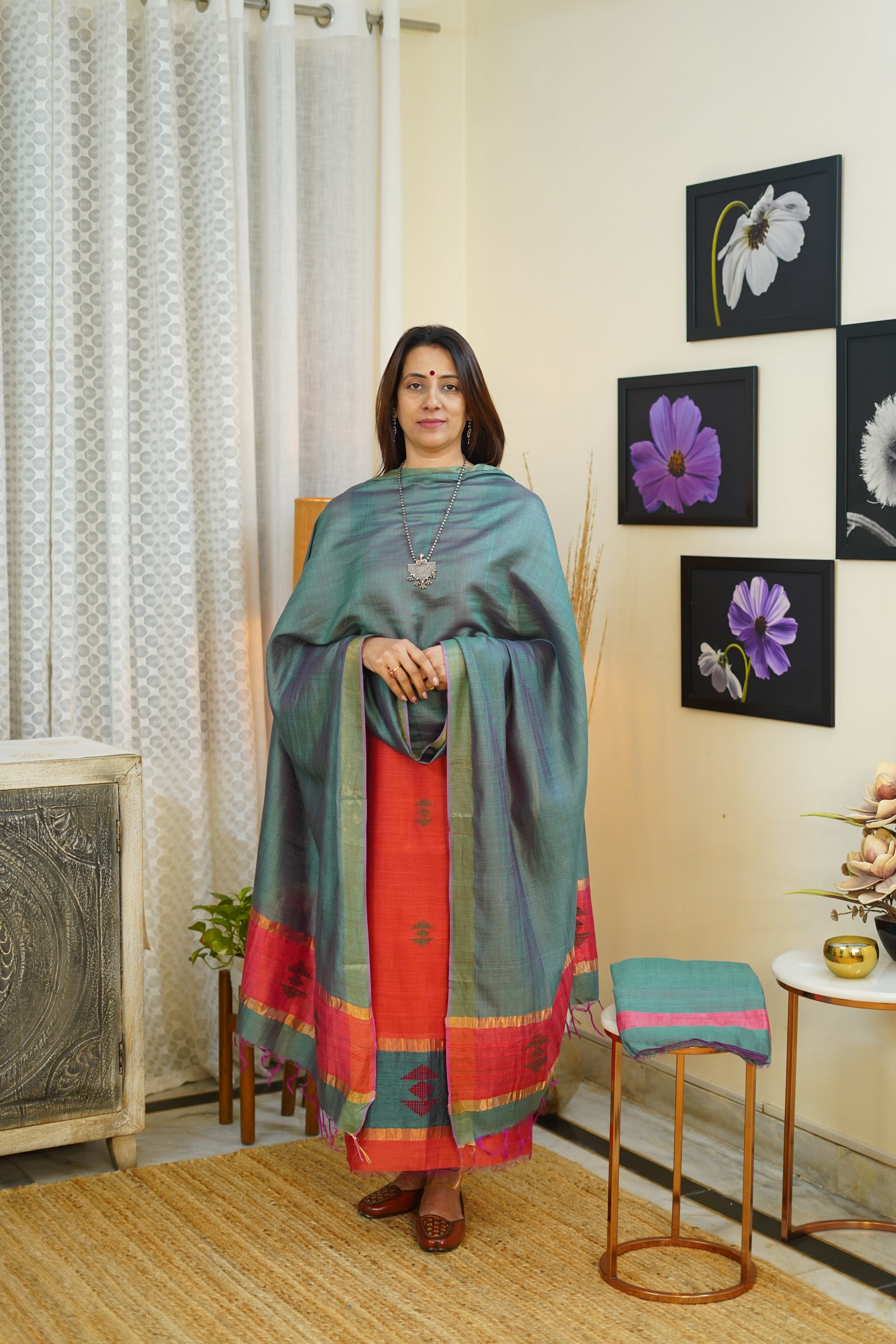 Ari Tussar Suit Set in Teal Green with Red Contrast & Woven Borders