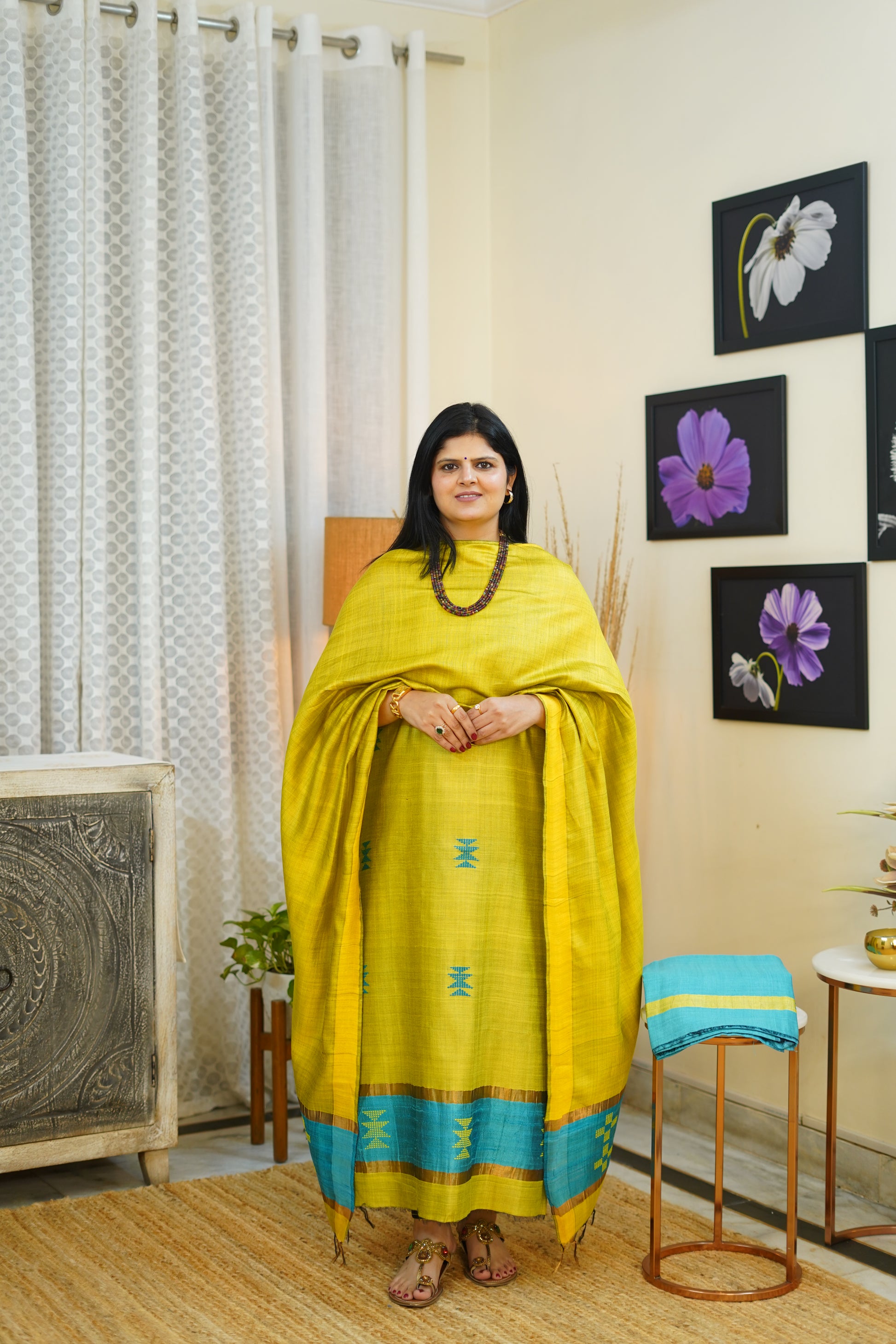 Ari Tussar Suit Set in Lime Yellow with Teal Accents & Woven Borders