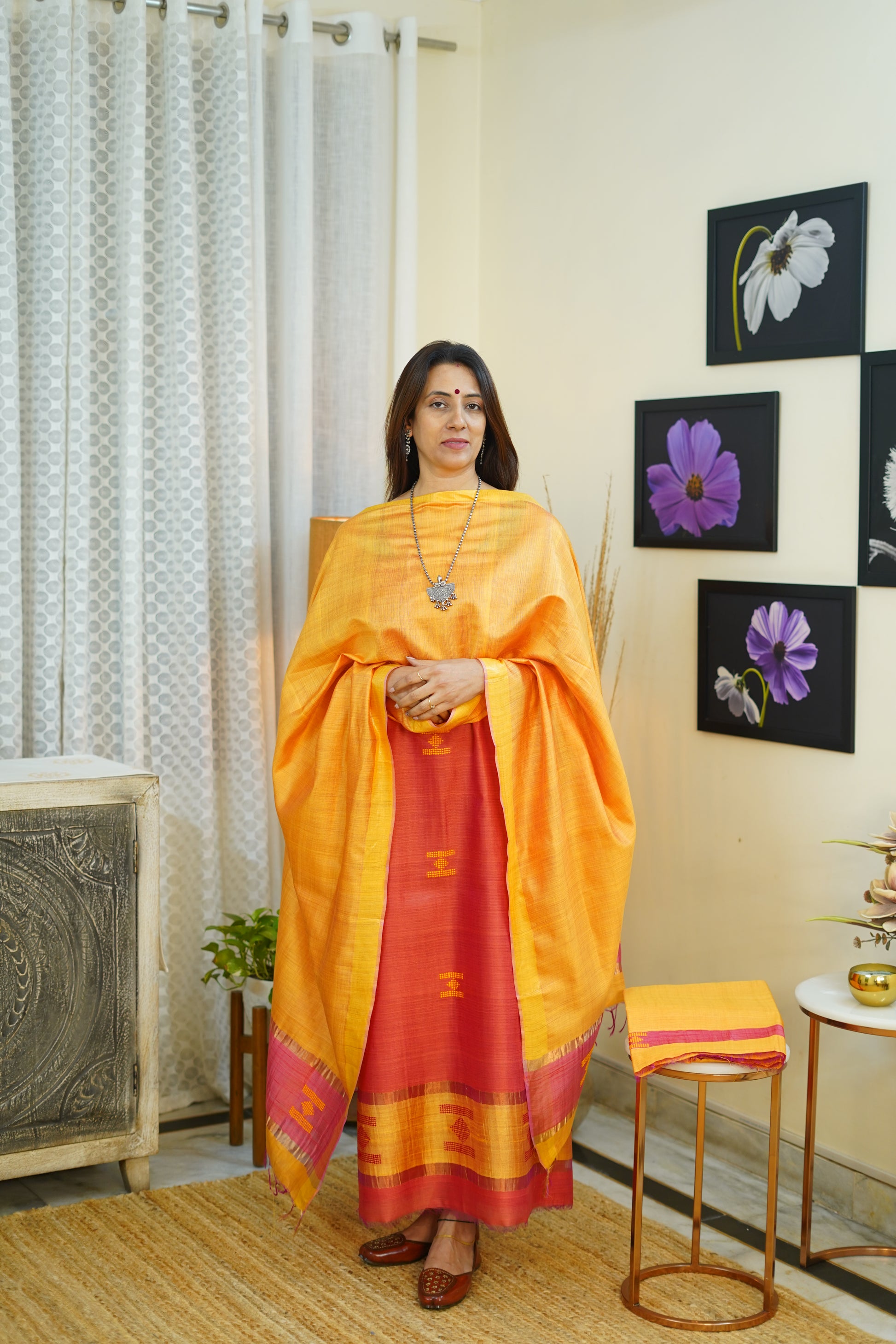 Ari Tussar Suit Set in Golden Yellow with Red Contrast & Woven Motifs