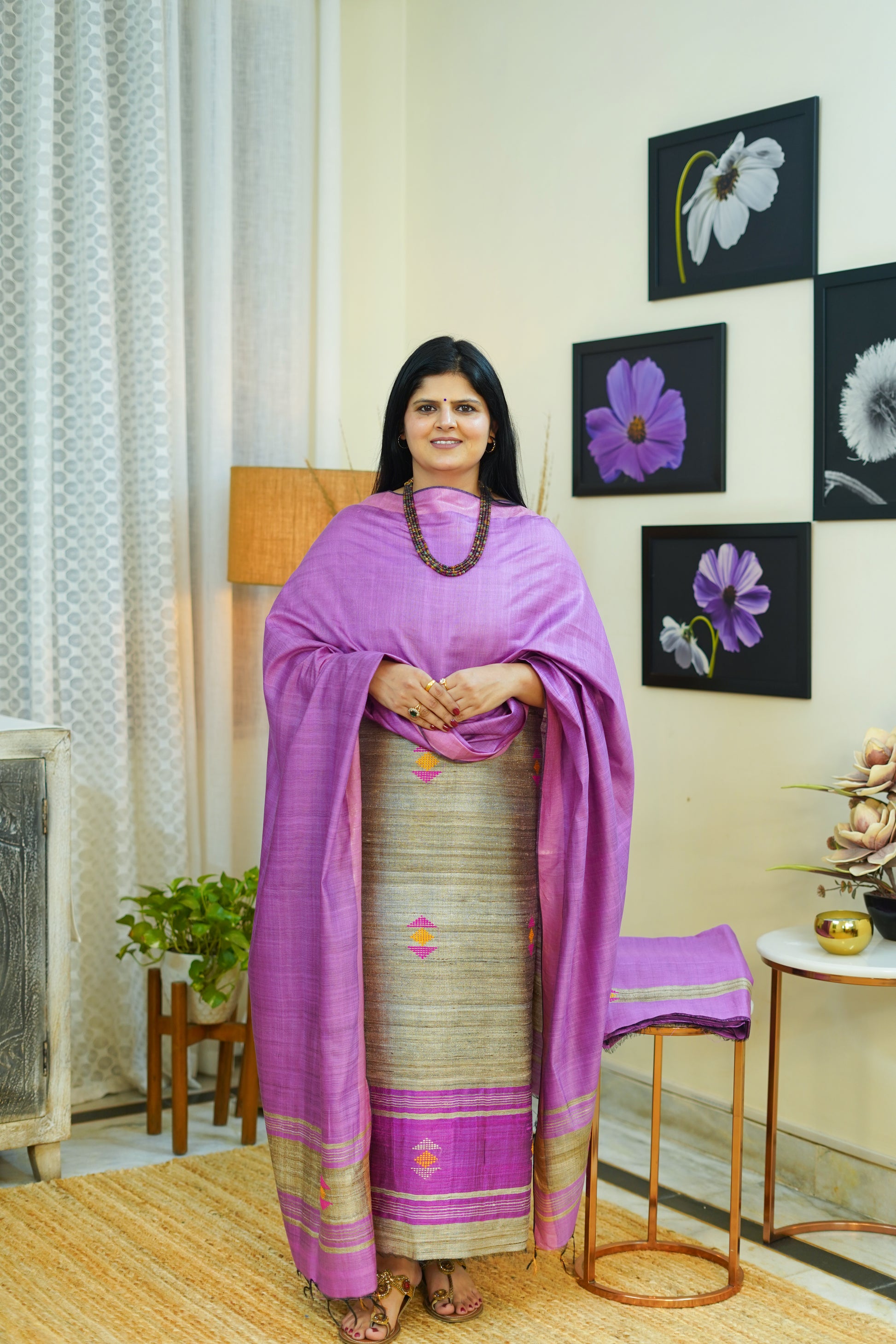 Premium Lavender and Gold Geecha Tussar Silk Suit