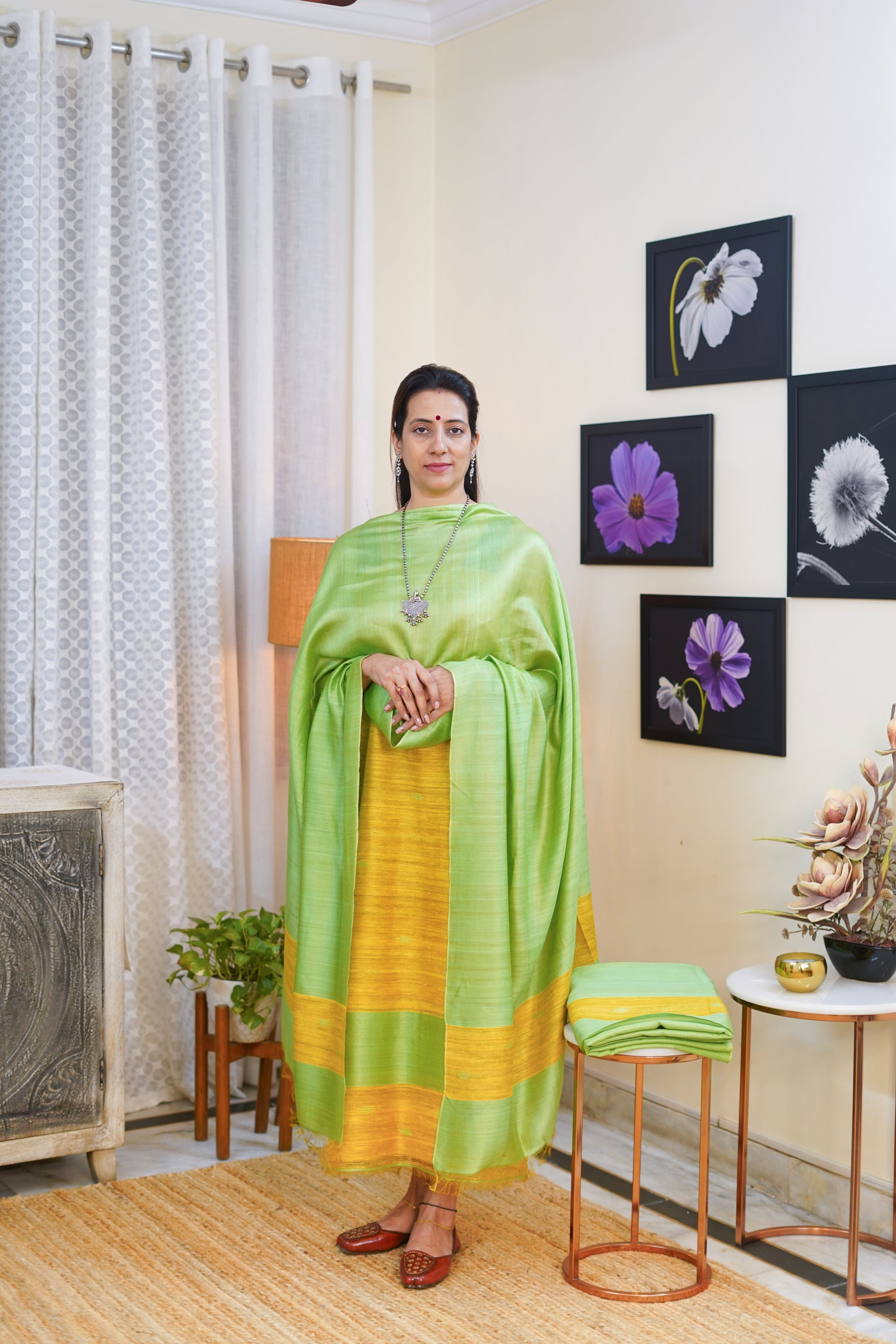 Premium Green and Yellow Geecha Tussar Silk Suit