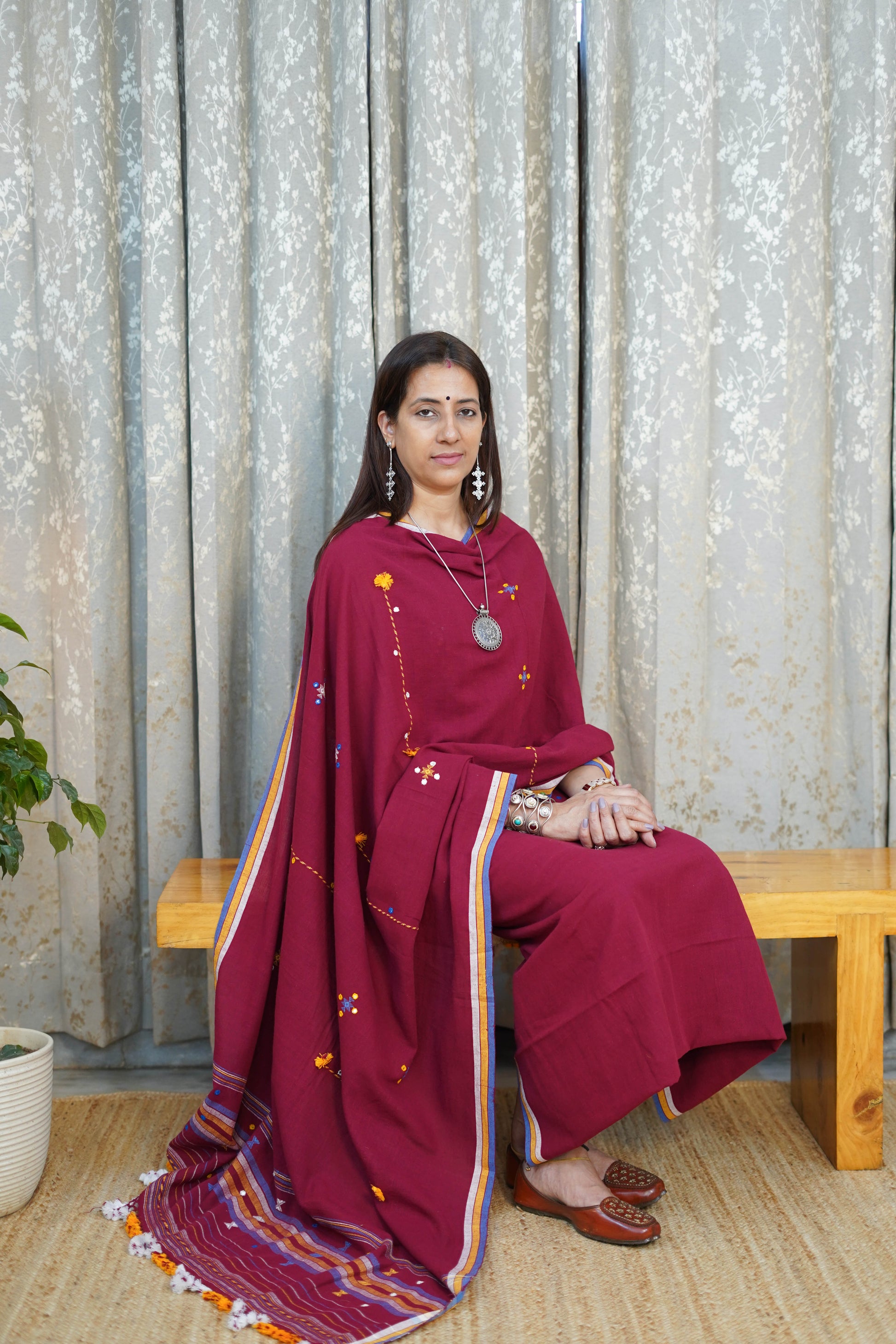 Kala Cotton Suit Set in Deep Wine with Hand Embroidery & Striped Dupatta