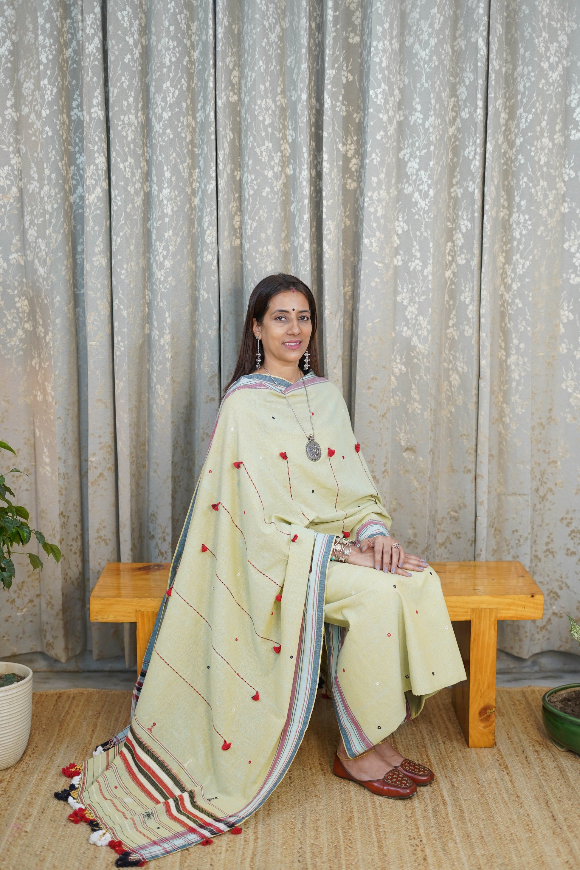 Kala Cotton Suit Set in Sage Green with Bhujodi & Striped Dupatta