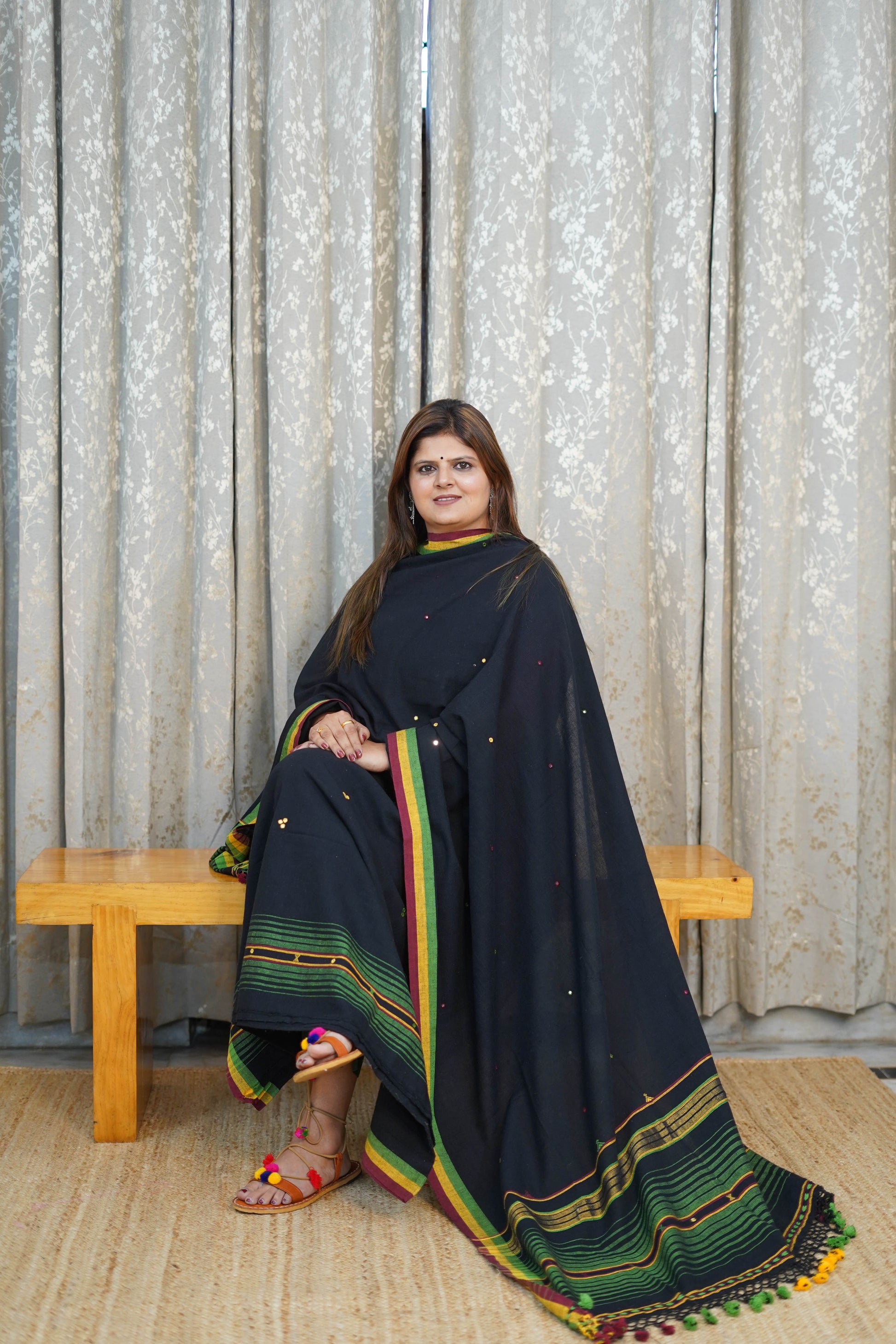 Kala Cotton Suit Set in Charcoal Black with Multicolour Border & Striped Dupatta