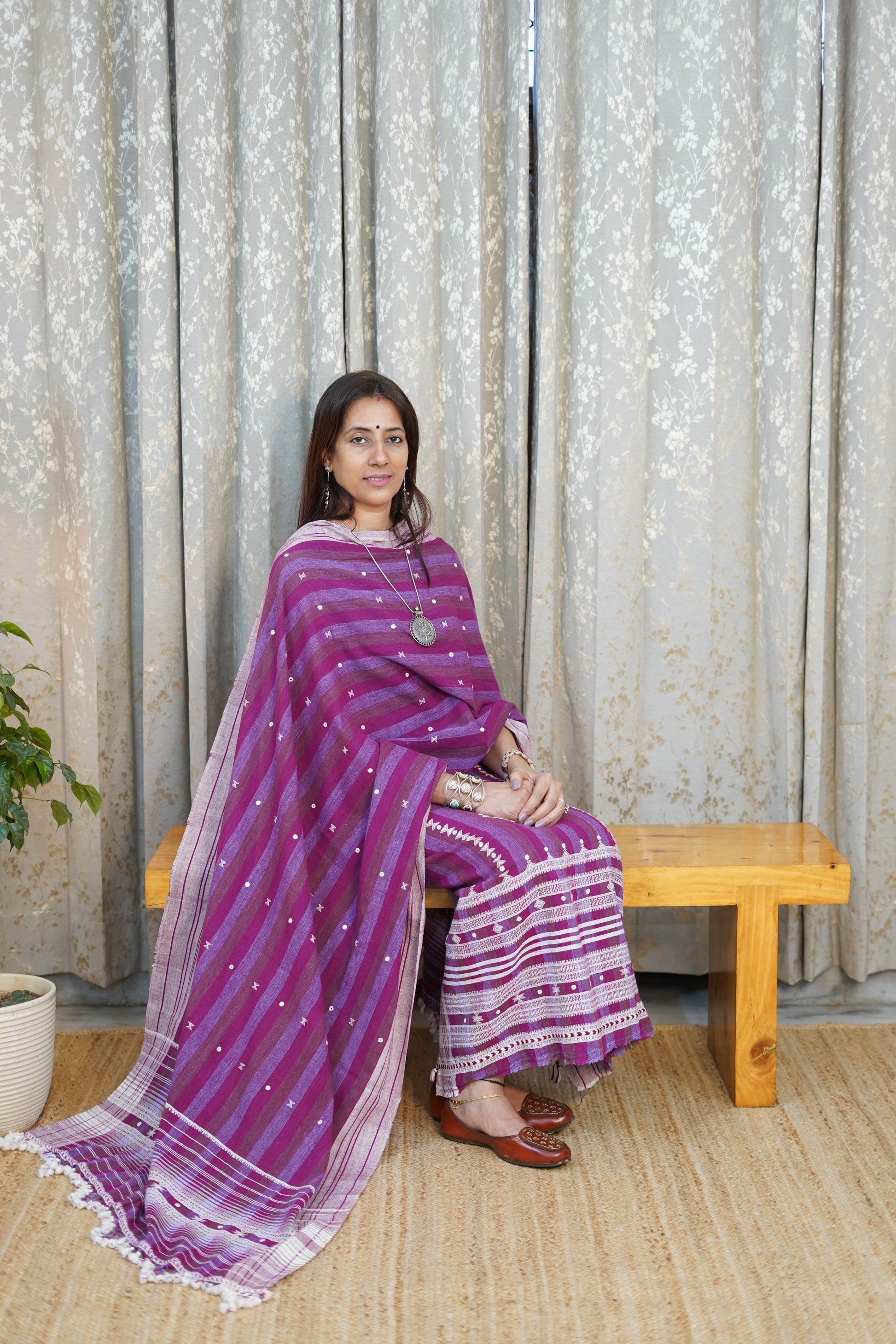 Kala Cotton Suit Set in Berry Pink with Striped Weave & Hand Detailing