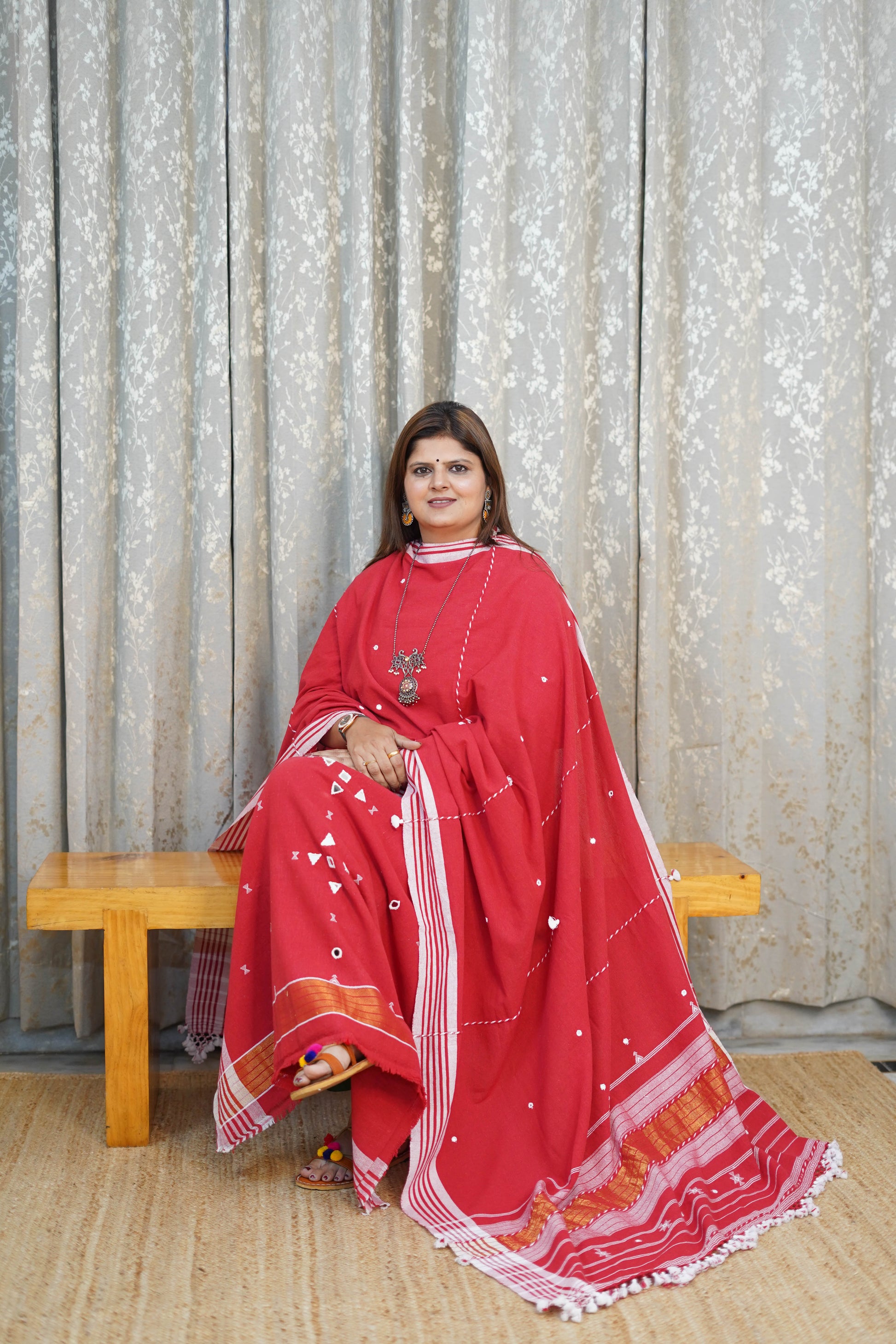 Kala Cotton Suit Set in Coral Red with Hand Motifs & Striped Dupatta