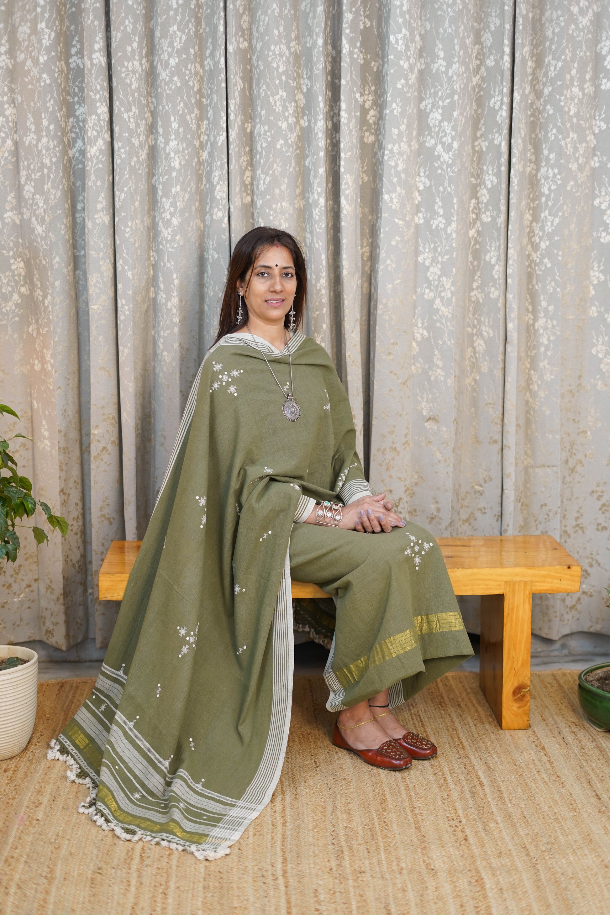 Kala Cotton Suit Set in Olive Green with Hand Motifs & Striped Border