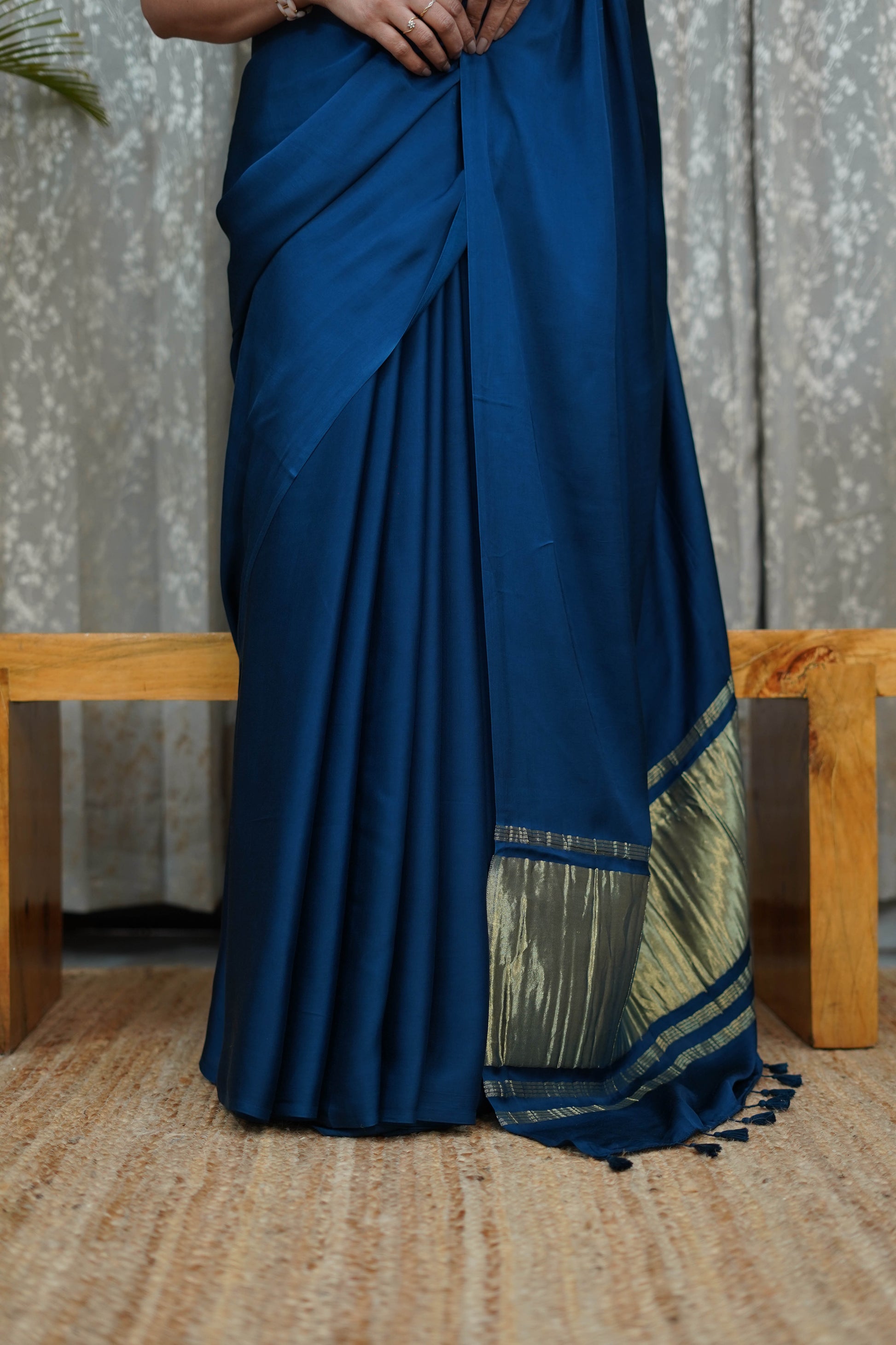 Premium Navy Blue Modal Saree with Golden Border