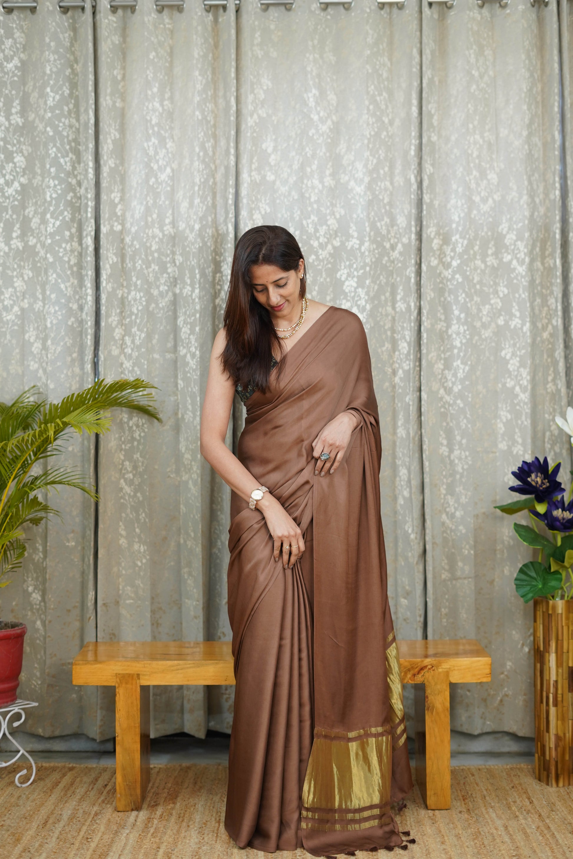 Premium Coffee Brown Modal Saree with Golden Border