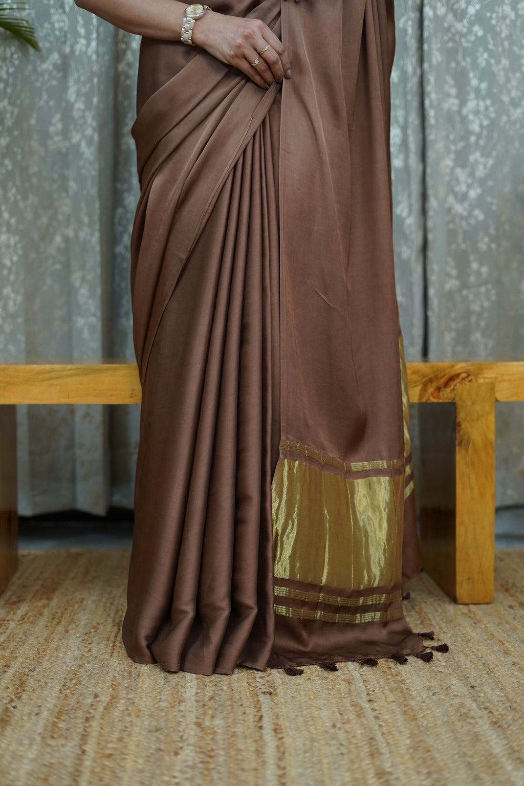 Premium Coffee Brown Modal Saree with Golden Border