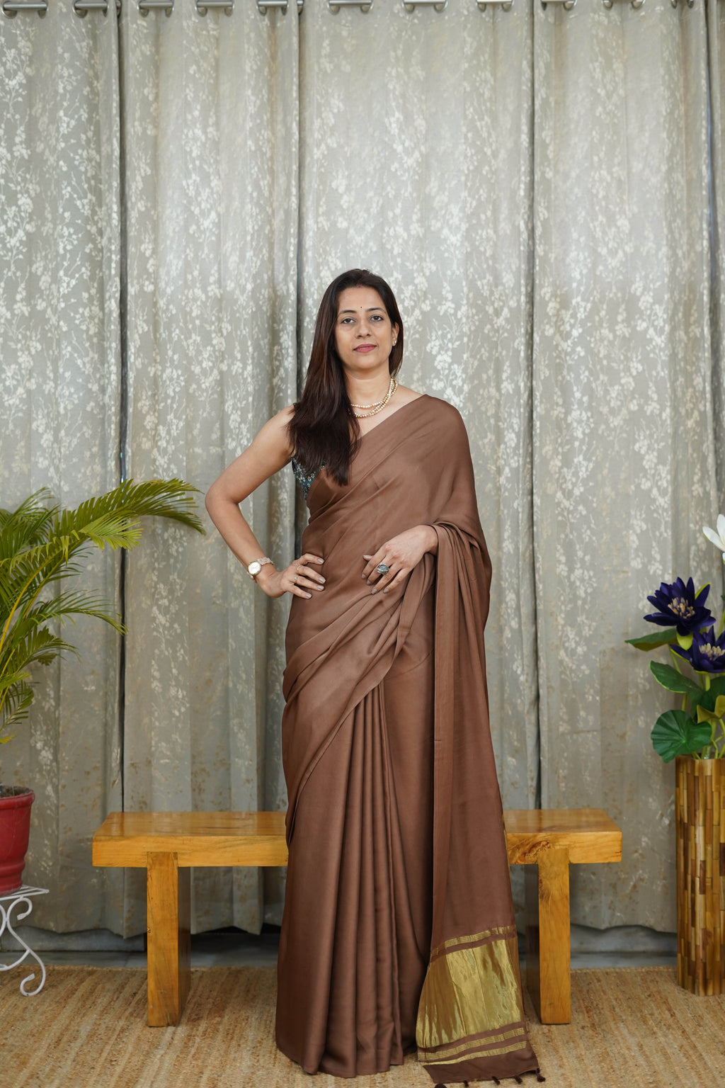Premium Coffee Brown Modal Saree with Golden Border