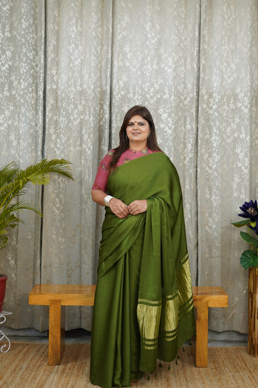 Premium Olive Green Modal Saree with Golden Border