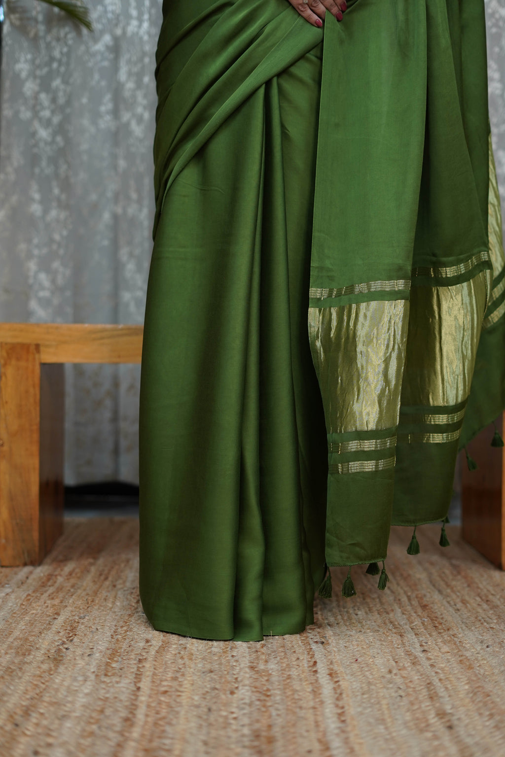 Premium Olive Green Modal Saree with Golden Border