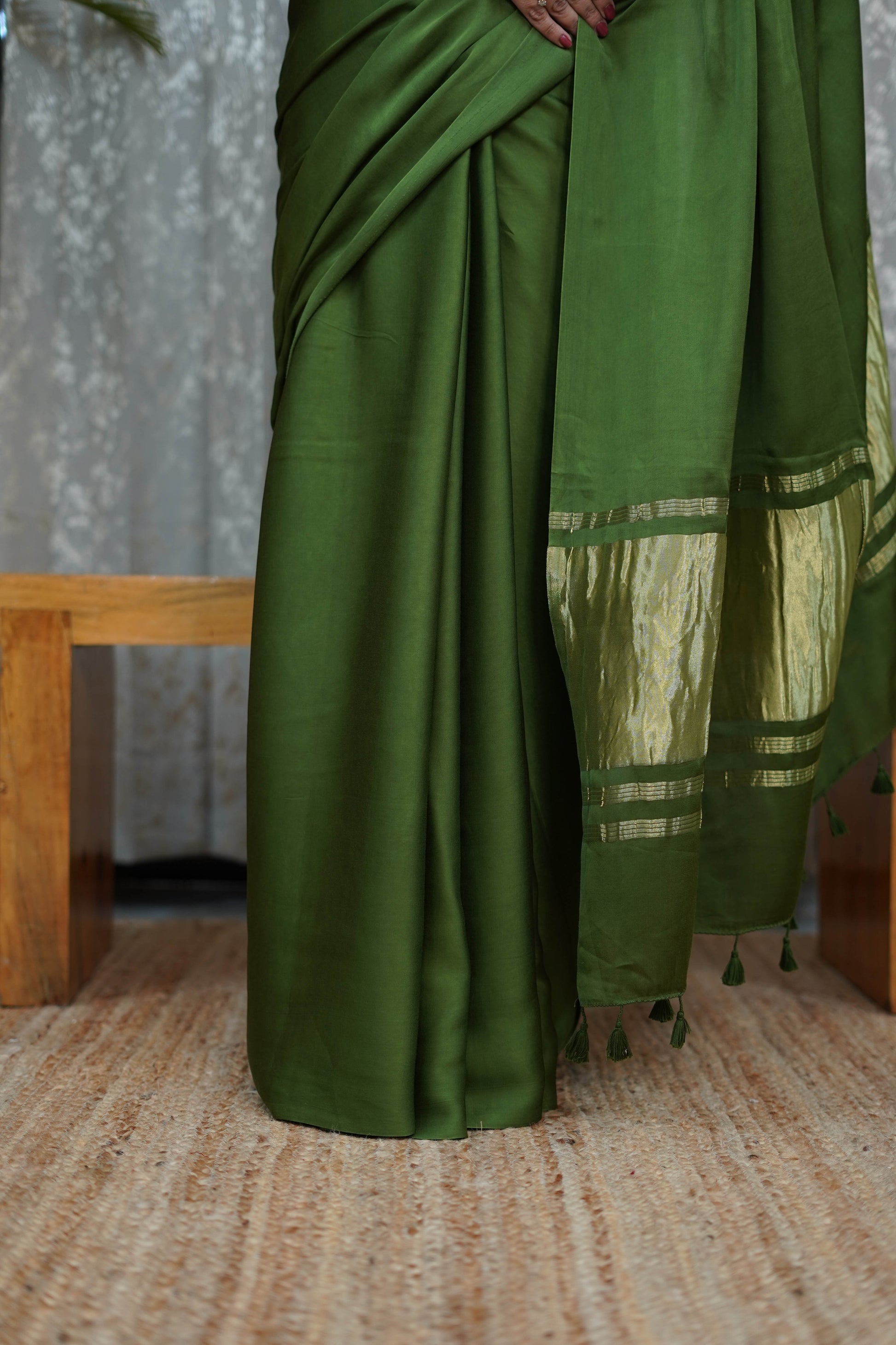 Premium Olive Green Modal Saree with Golden Border