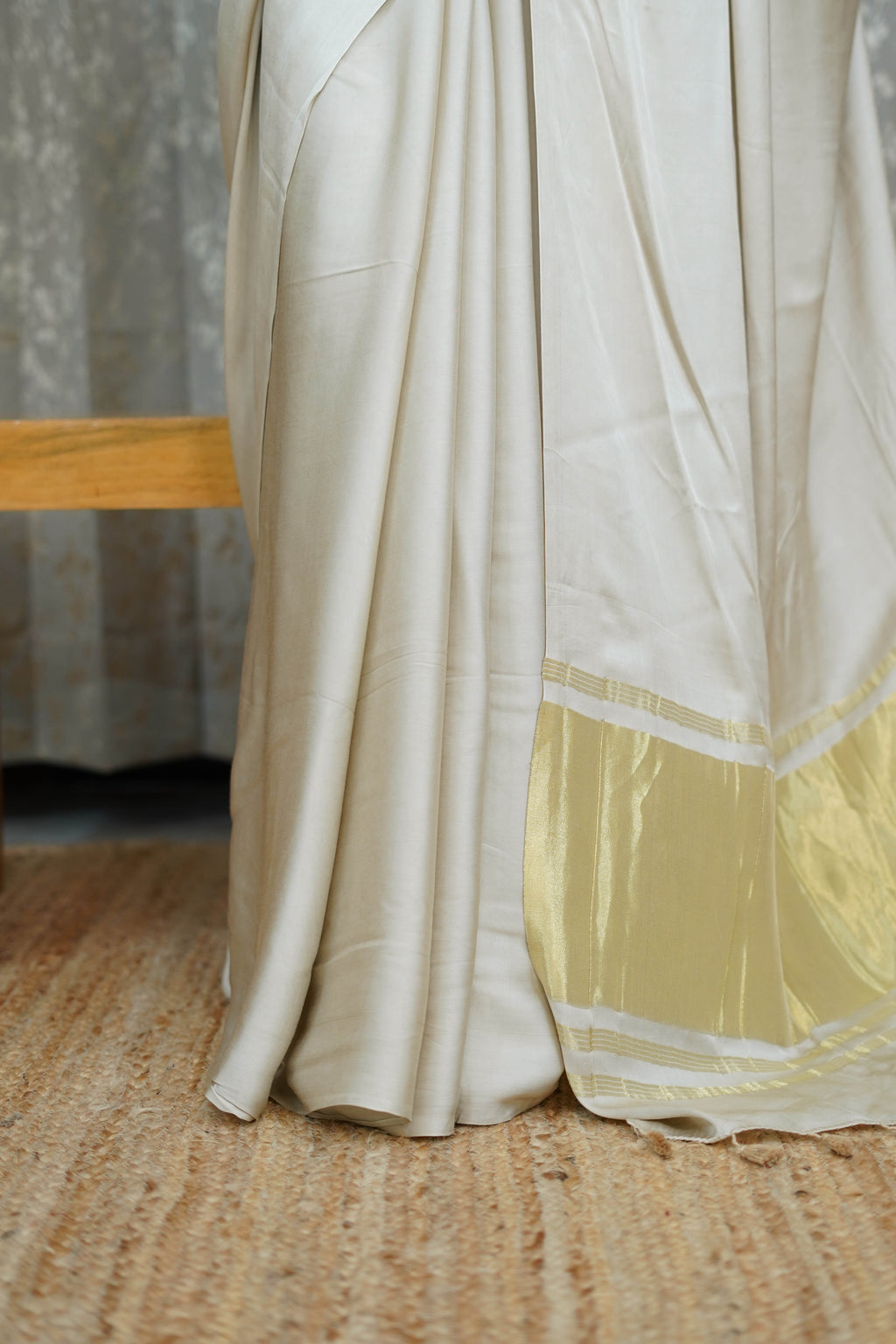 Premium Ivory White Modal Saree with Golden Border