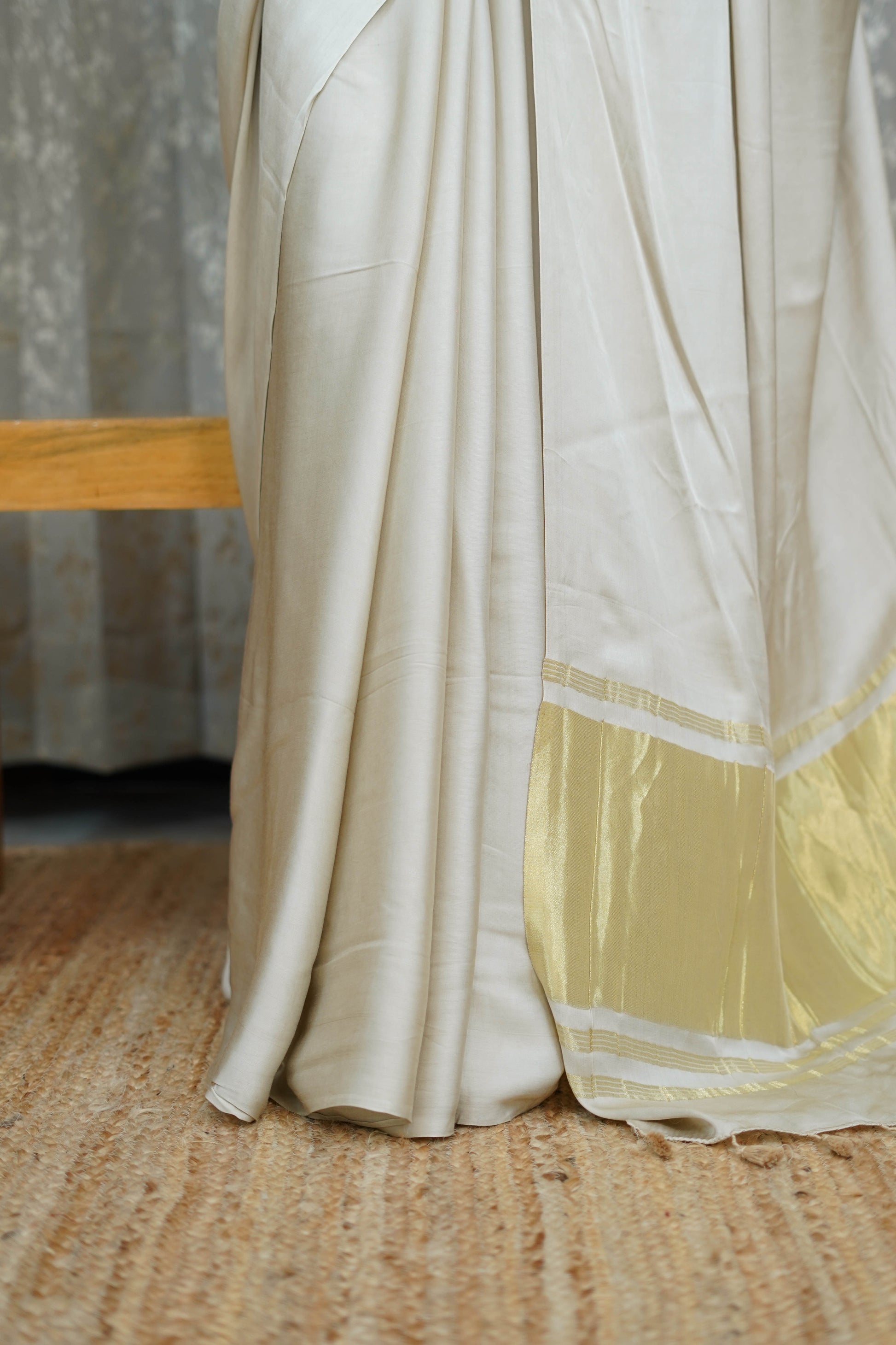 Premium Ivory White Modal Saree with Golden Border