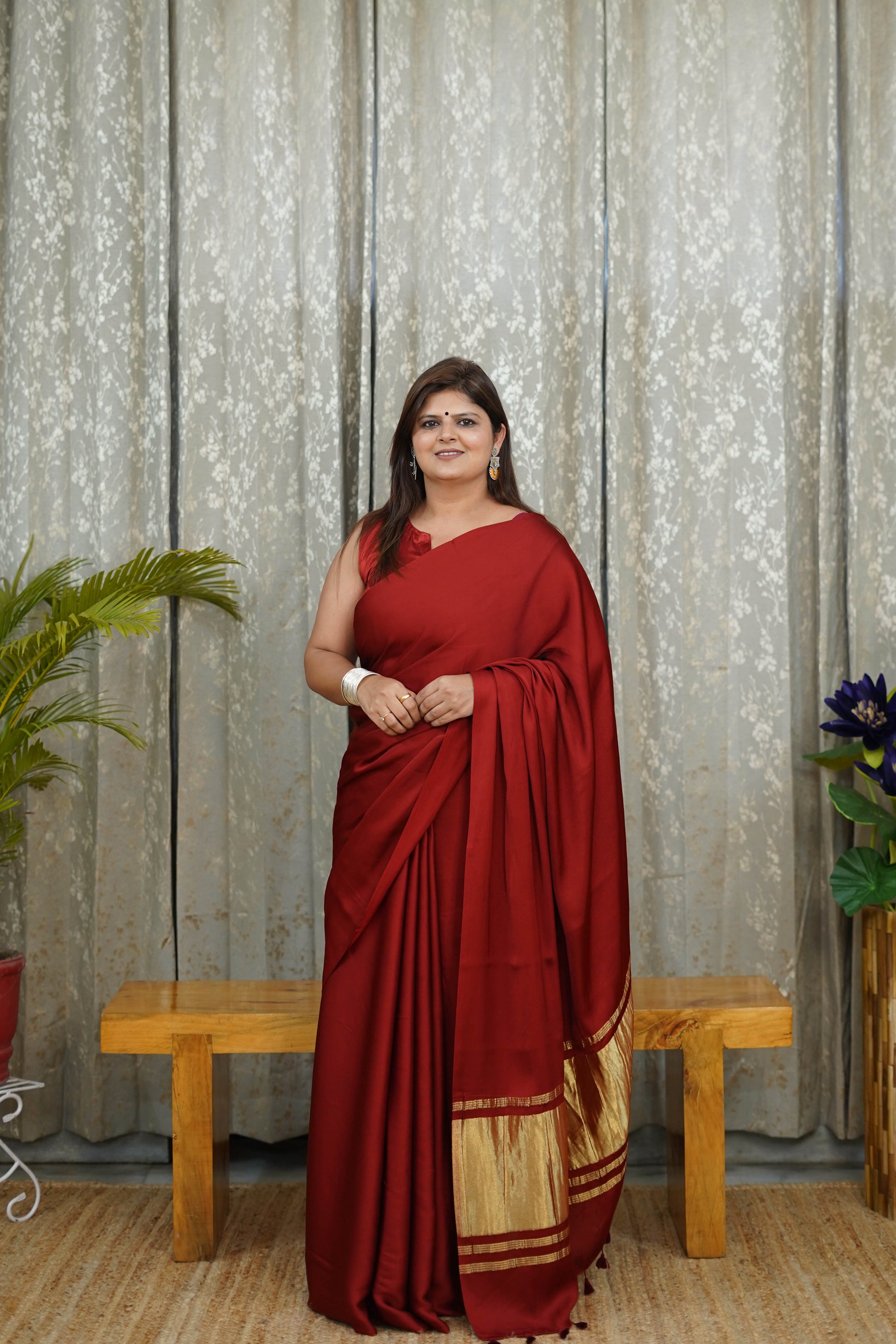 Premium Crimson Red Modal Saree with Golden Border