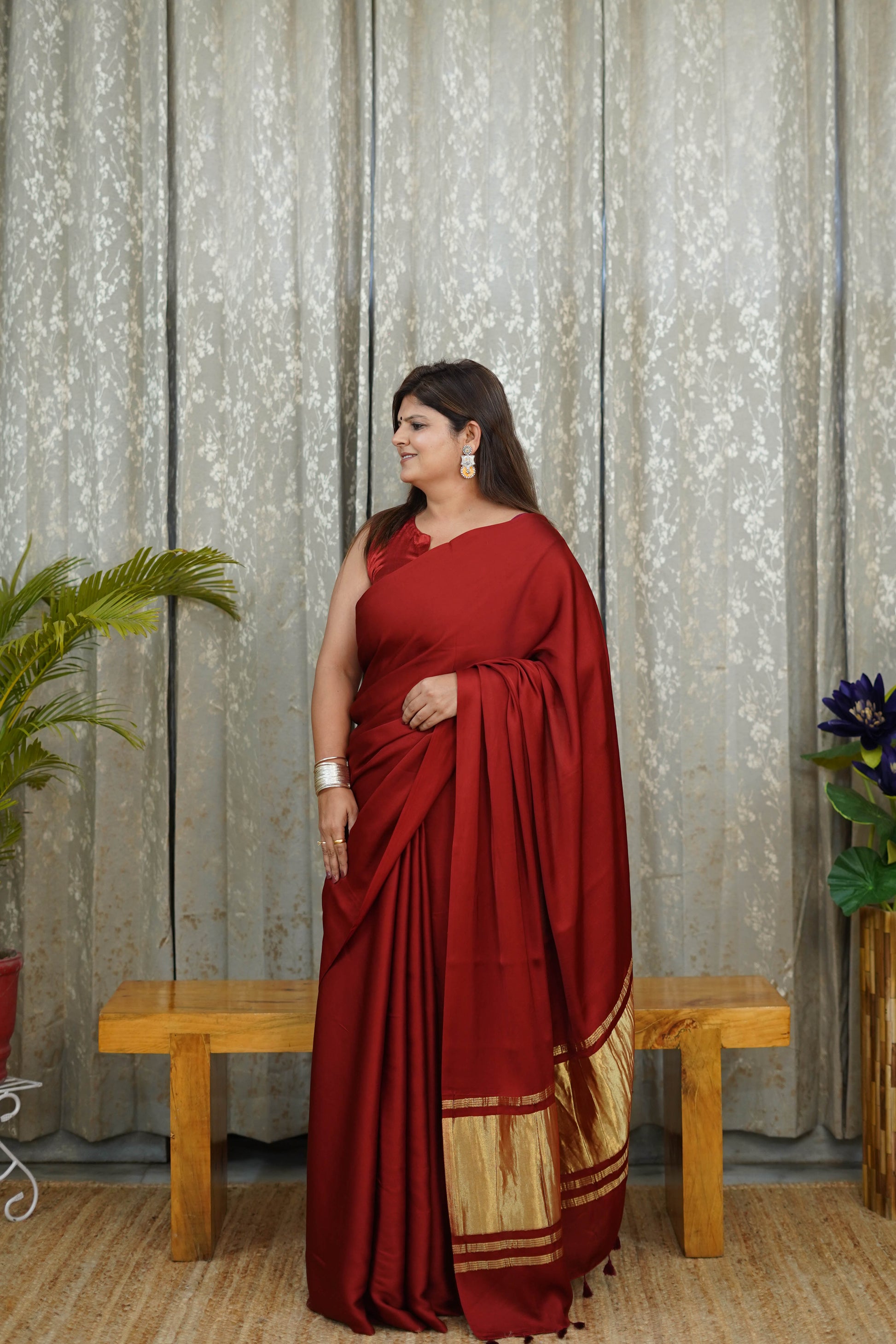 Premium Crimson Red Modal Saree with Golden Border