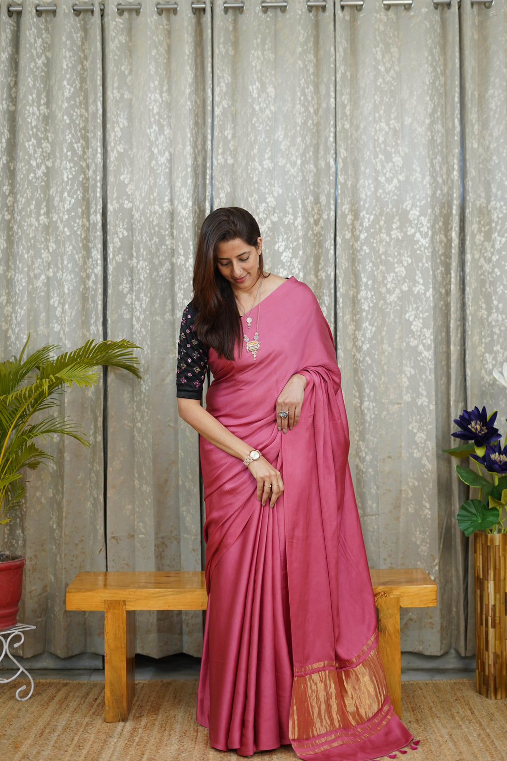 Premium Blush Pink Modal Saree with Golden Border