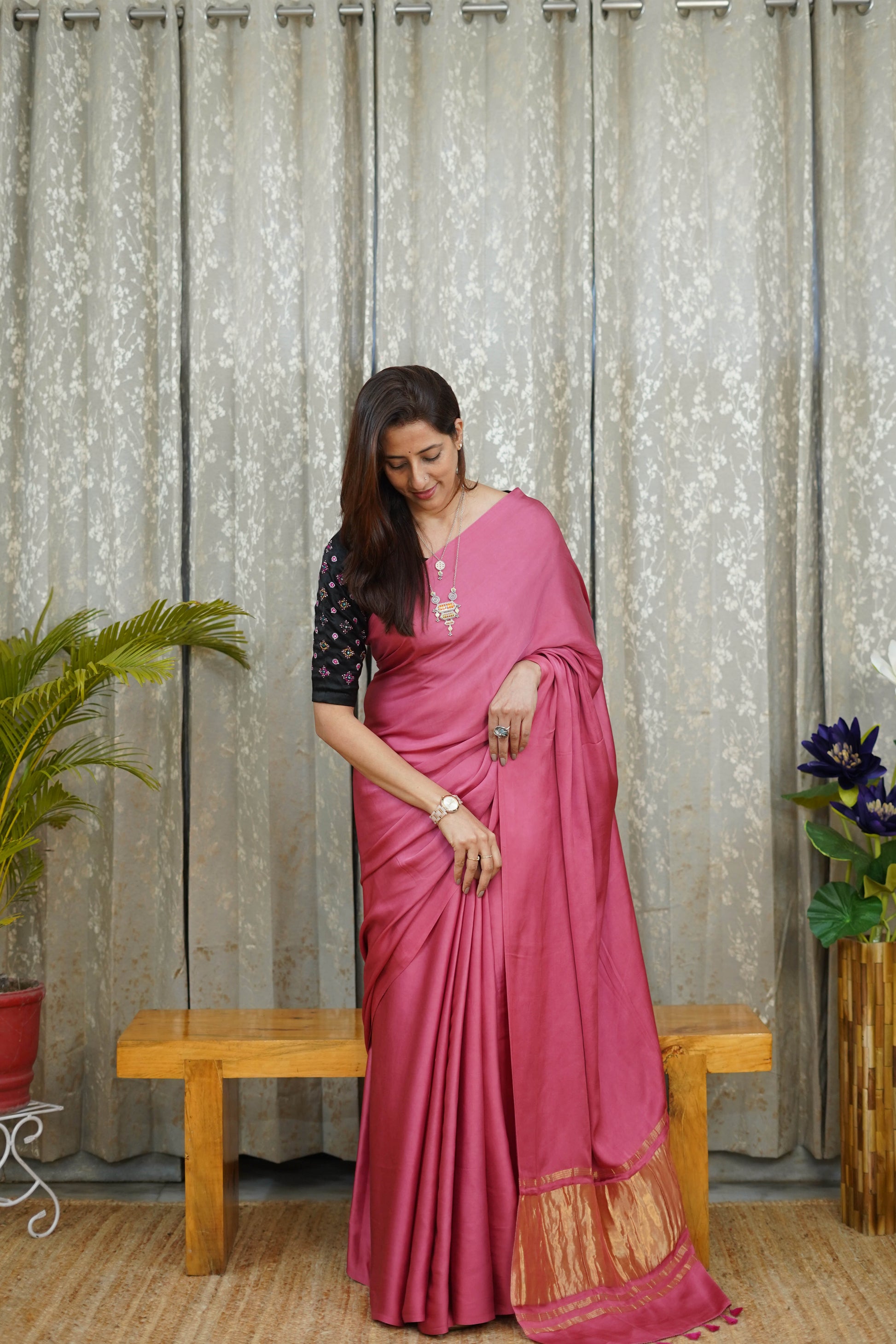 Premium Blush Pink Modal Saree with Golden Border