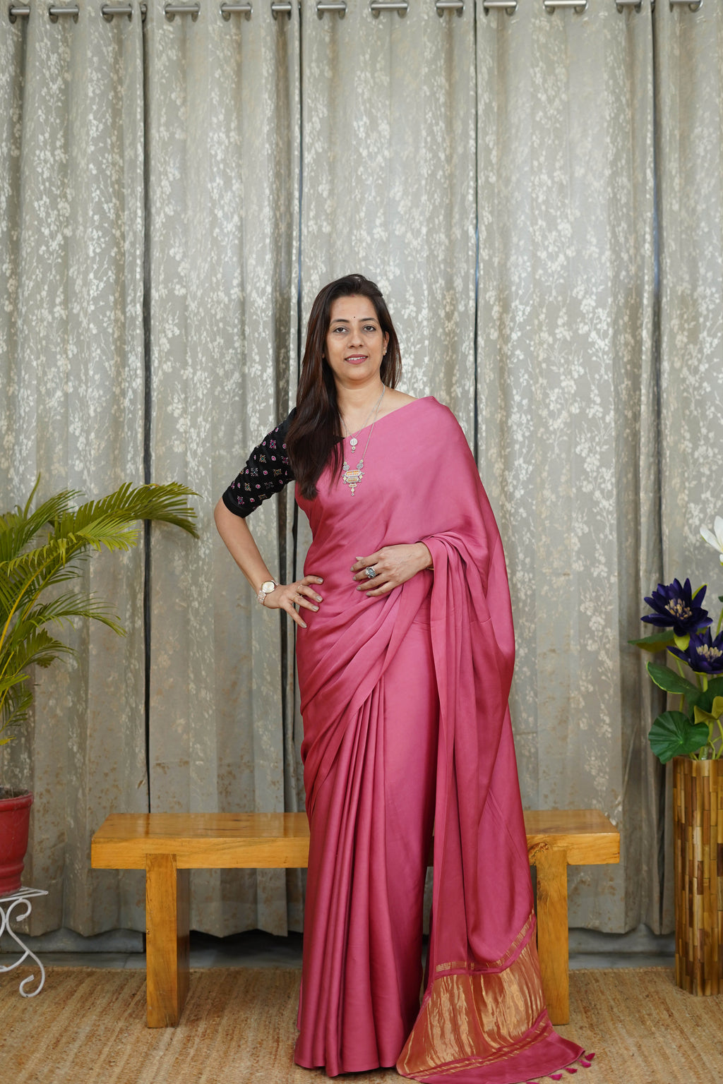 Premium Blush Pink Modal Saree with Golden Border